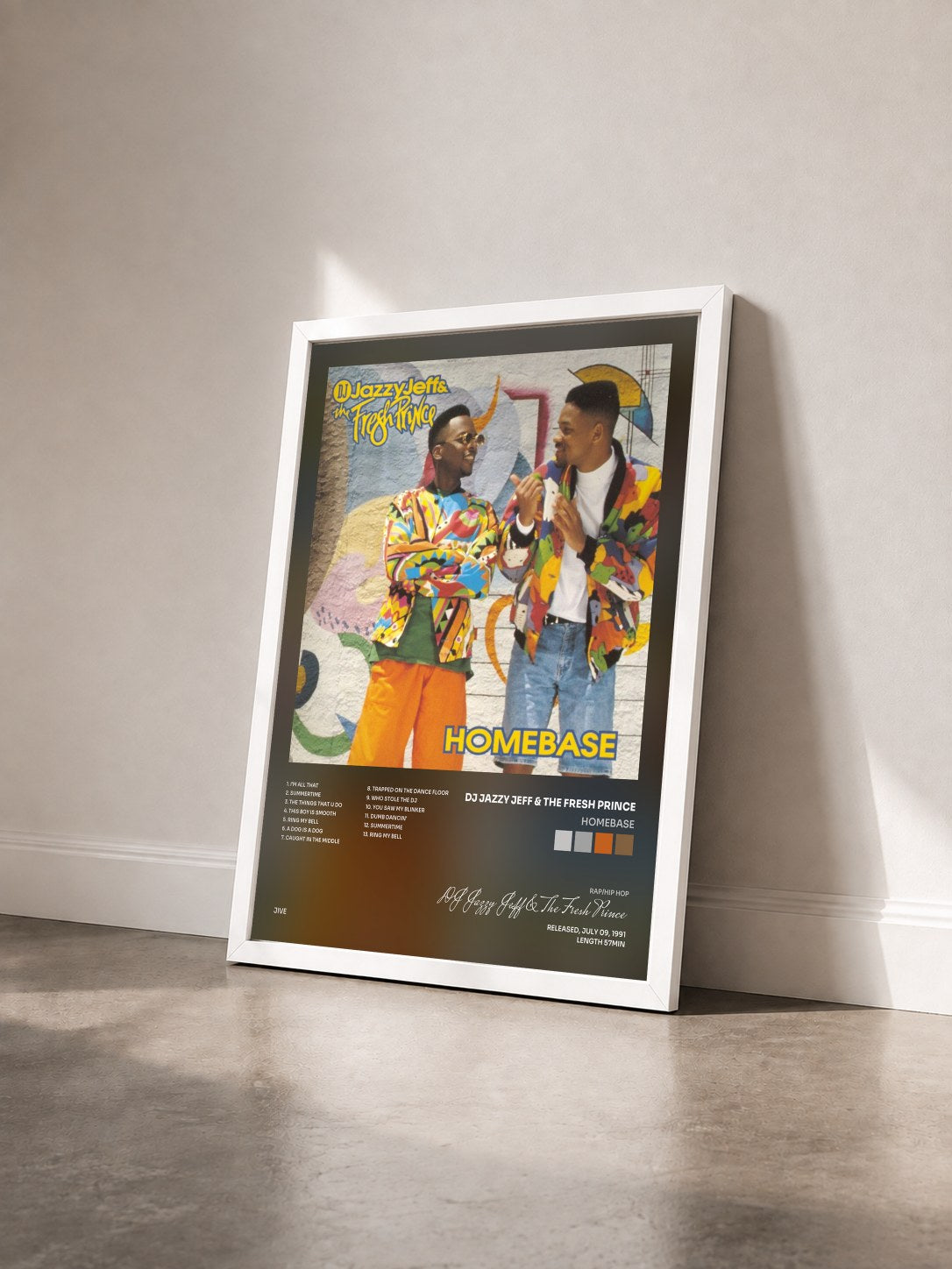 #blanc Tableau de l'album Homebase de DJ Jazzy Jeff & The Fresh Prince vu de trois quarts, cadre blanc