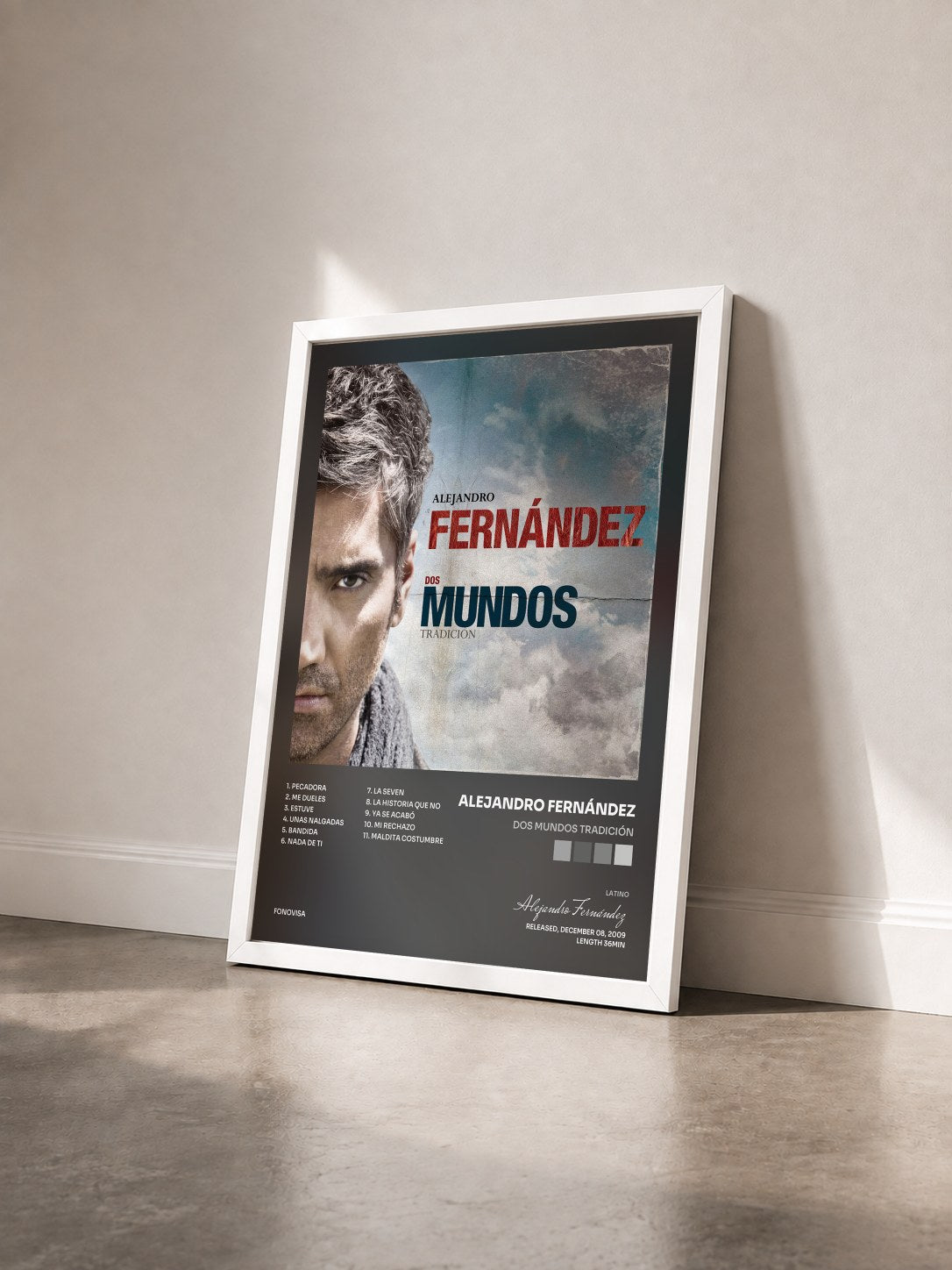 #blanc Tableau de l'album Dos Mundos Tradición de Alejandro Fernández vu de trois quarts, cadre blanc