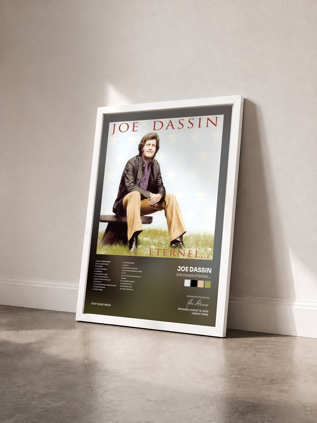 #blanc Tableau de l'album Joe Dassin Éternel... de Joe Dassin vu de trois quarts, cadre blanc