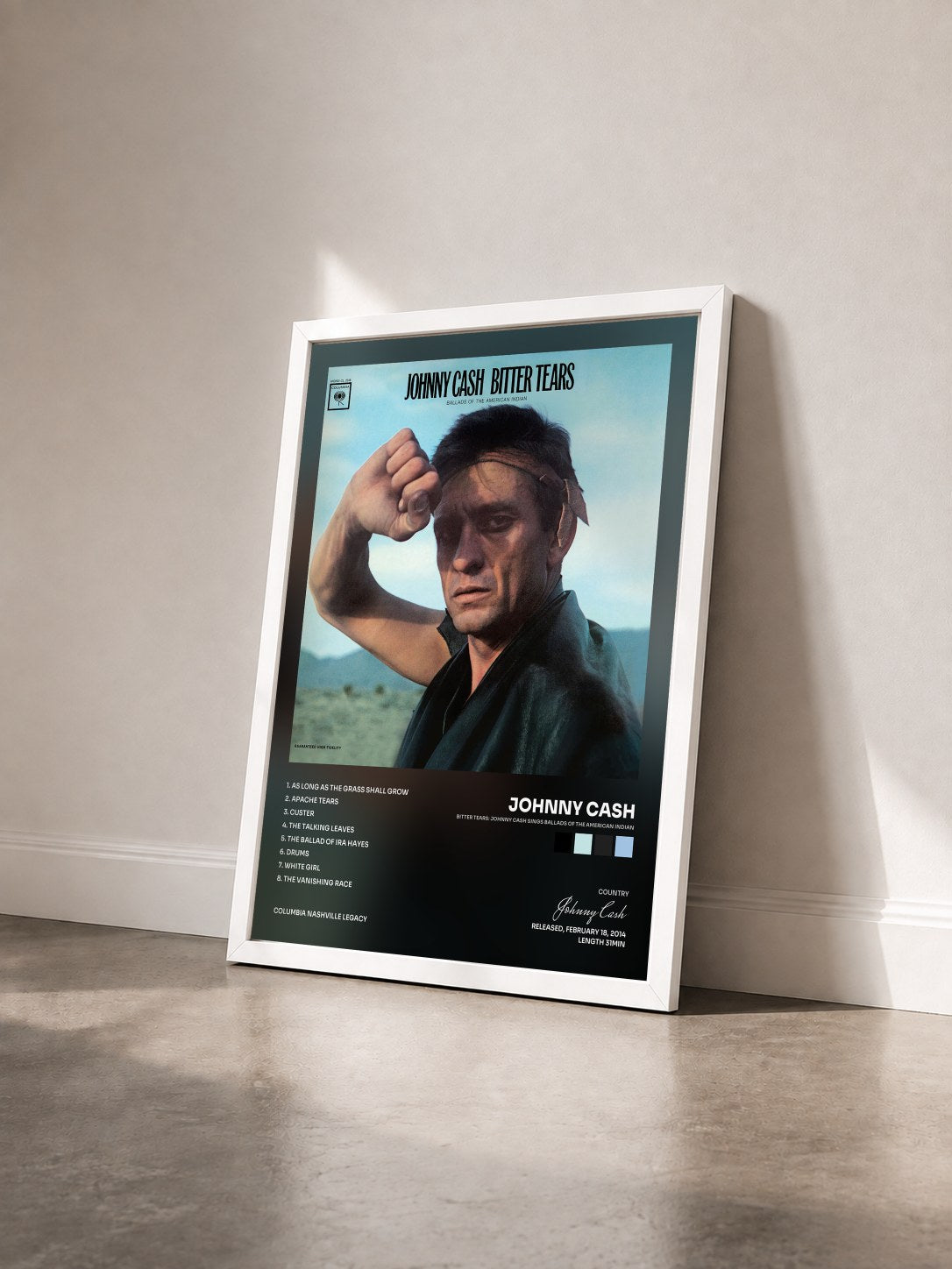 #blanc Tableau de l'album Bitter Tears: Johnny Cash Sings Ballads Of The American Indian de Johnny Cash vu de trois quarts, cadre blanc