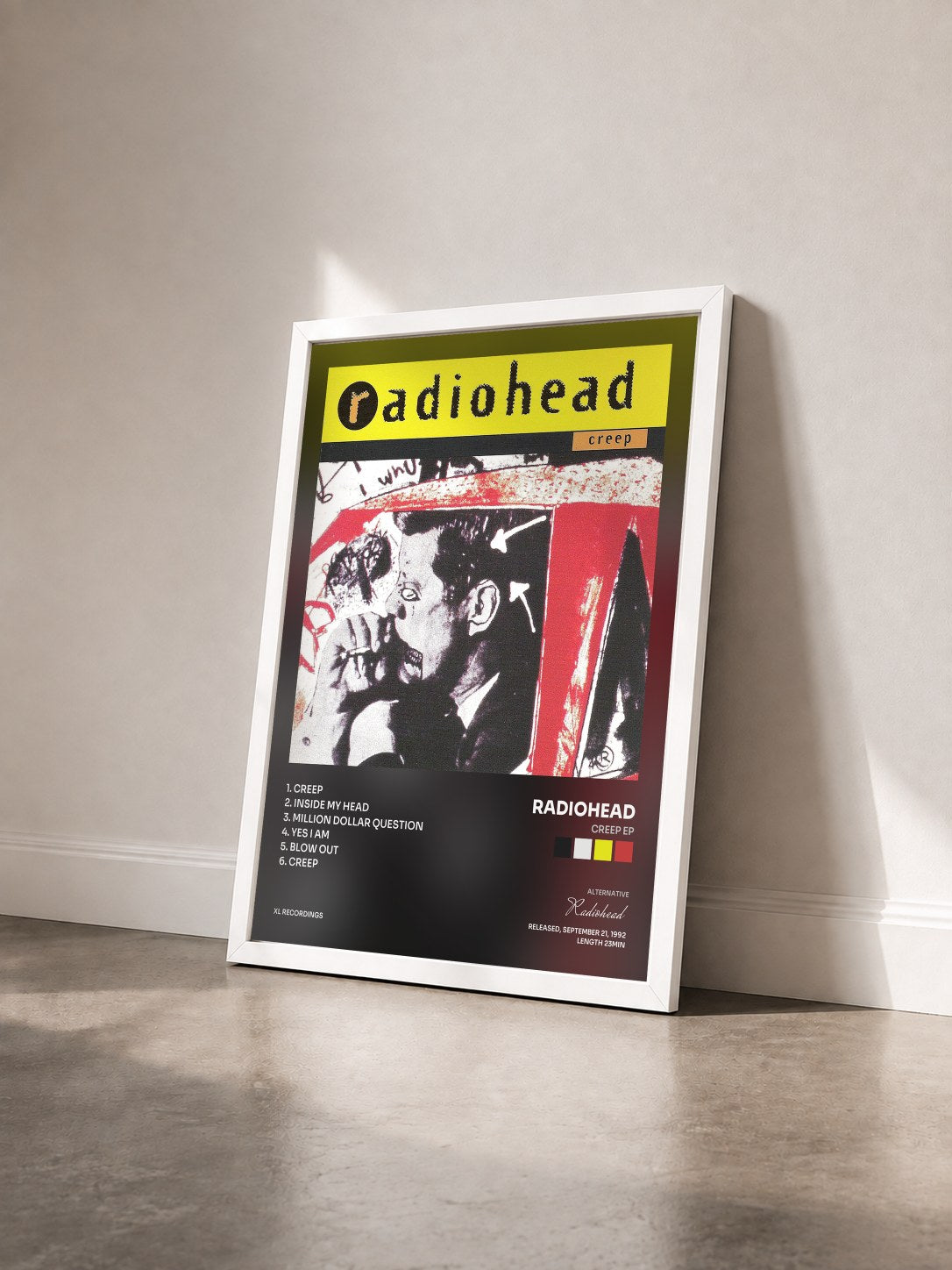 #blanc Tableau de l'album Creep EP de Radiohead vu de trois quarts, cadre blanc