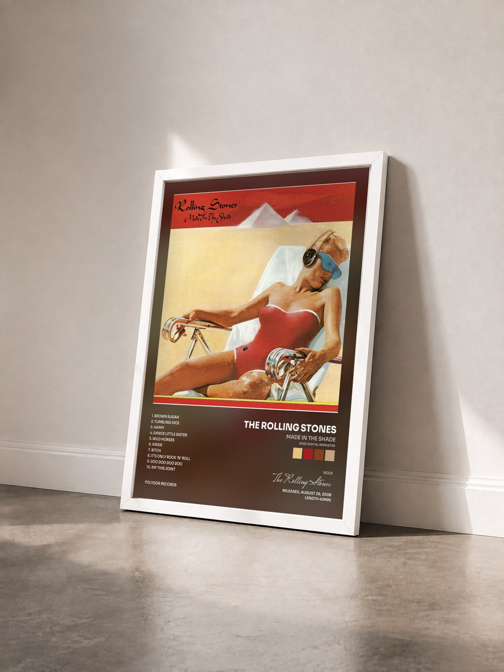 #blanc Tableau de l'album Made In The Shade (2005 Digital Remaster) de The Rolling Stones vu de trois quarts, cadre blanc