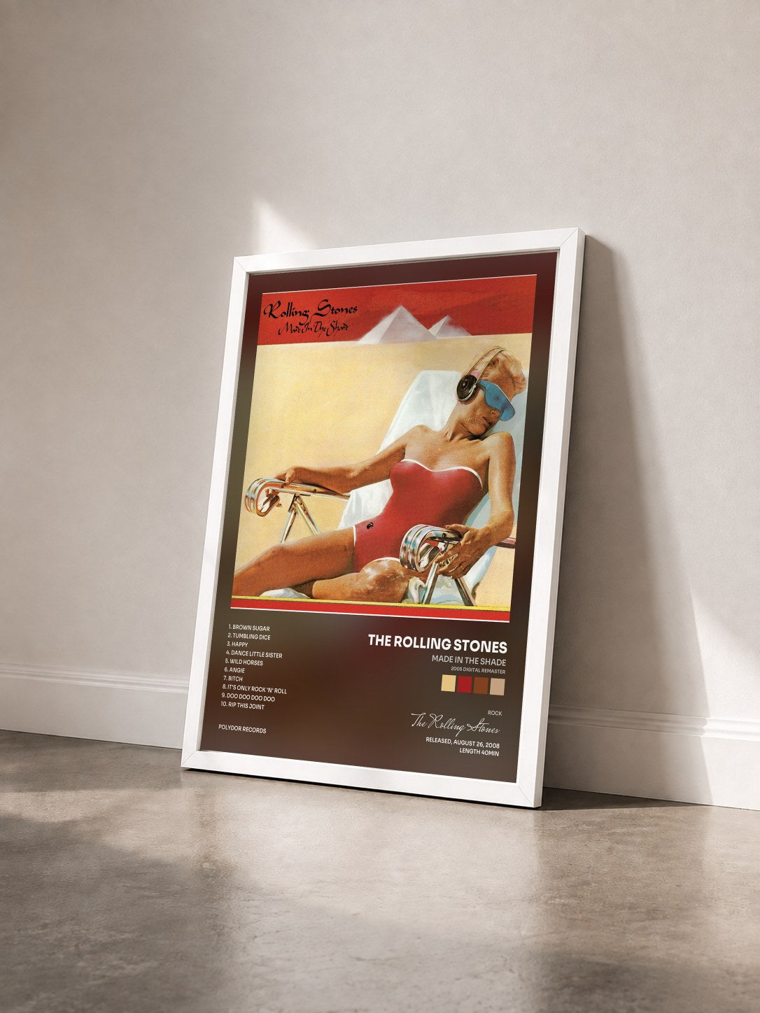 #blanc Tableau de l'album Made In The Shade (2005 Digital Remaster) de The Rolling Stones vu de trois quarts, cadre blanc