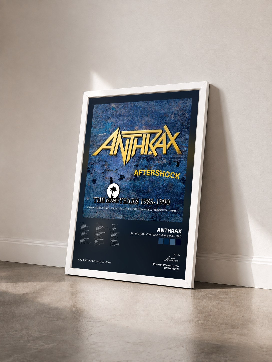 #blanc Tableau de l'album Aftershock - The Island Years 1985 - 1990 de Anthrax vu de trois quarts, cadre blanc