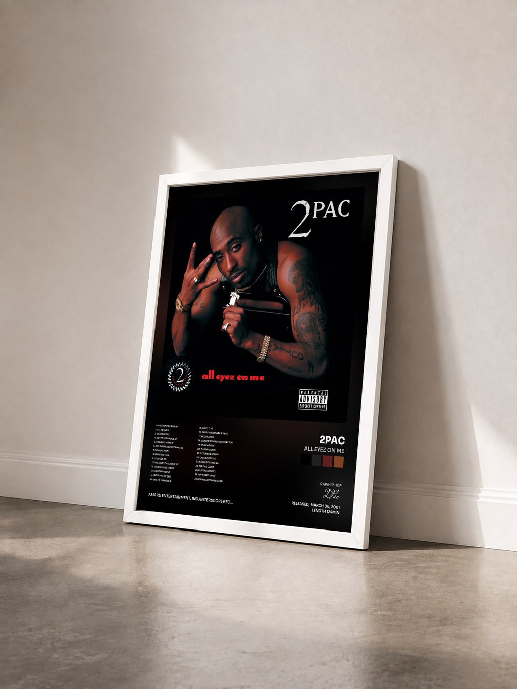 #blanc Tableau de l'album All Eyez On Me de 2Pac vu de trois quarts, cadre blanc
