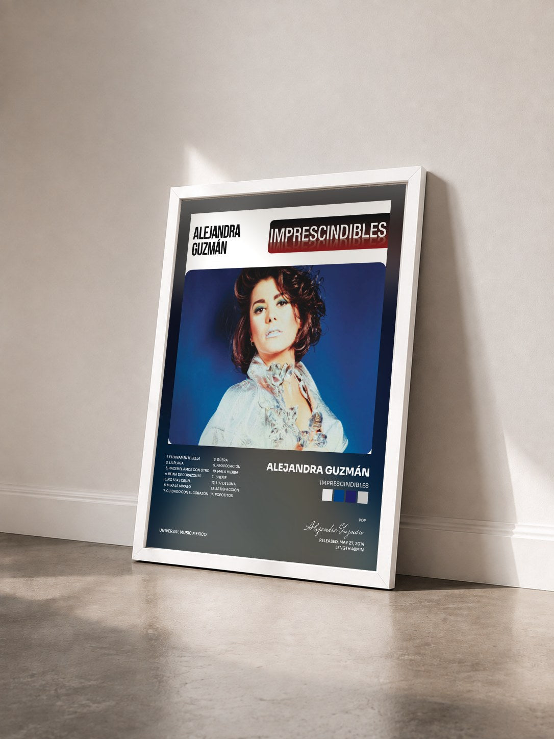 #blanc Tableau de l'album Imprescindibles de Alejandra Guzmán vu de trois quarts, cadre blanc