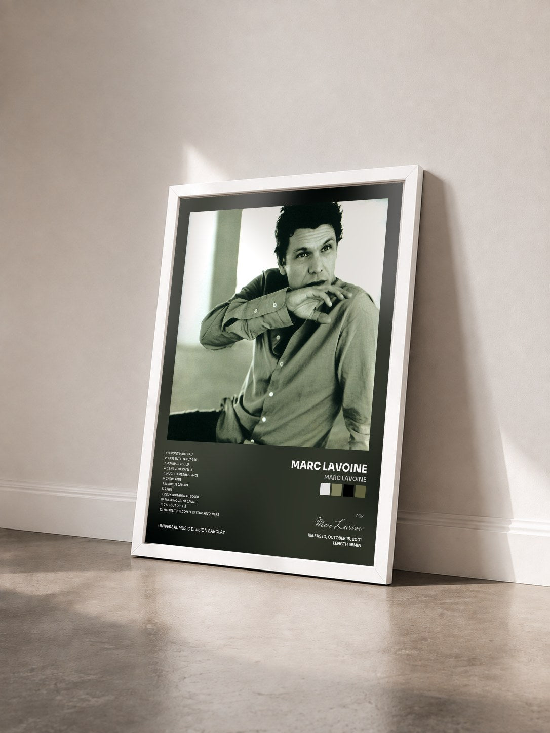 #blanc Tableau de l'album Marc Lavoine de Marc Lavoine vu de trois quarts, cadre blanc