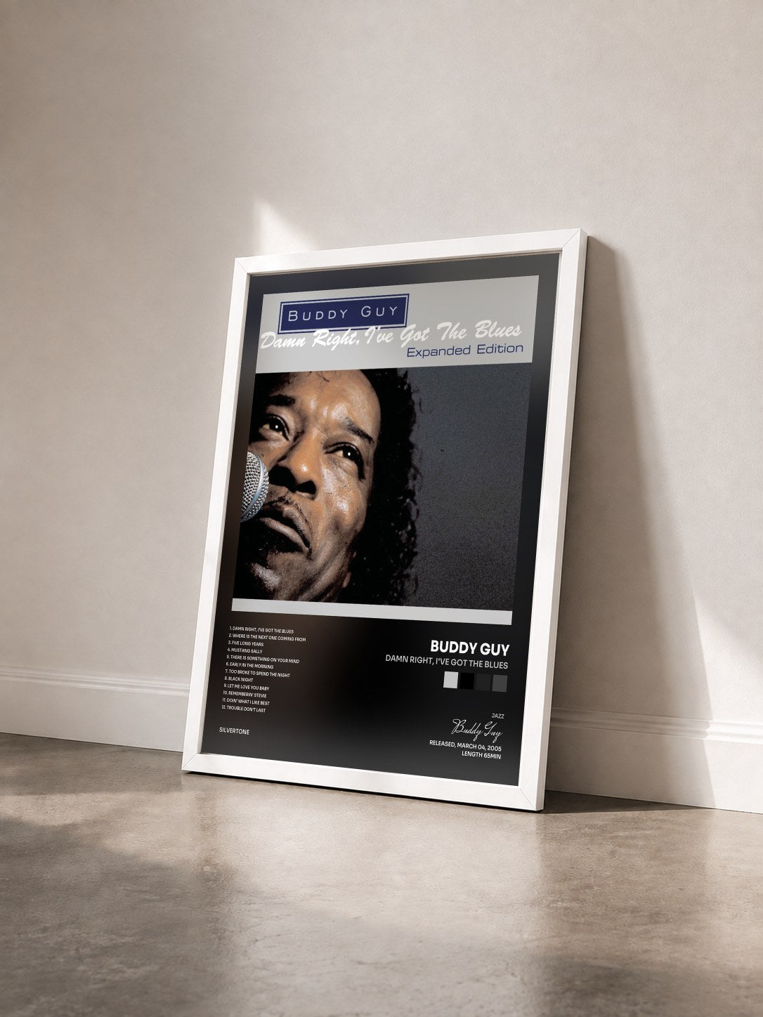 #blanc Damn Right, I've Got The Blues de Buddy Guy en lámina enmarcada vista de tres cuartos, marco blanco