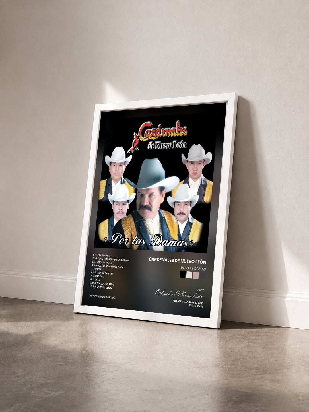 #blanc Tableau de l'album Por Las Damas de Cardenales De Nuevo León vu de trois quarts, cadre blanc