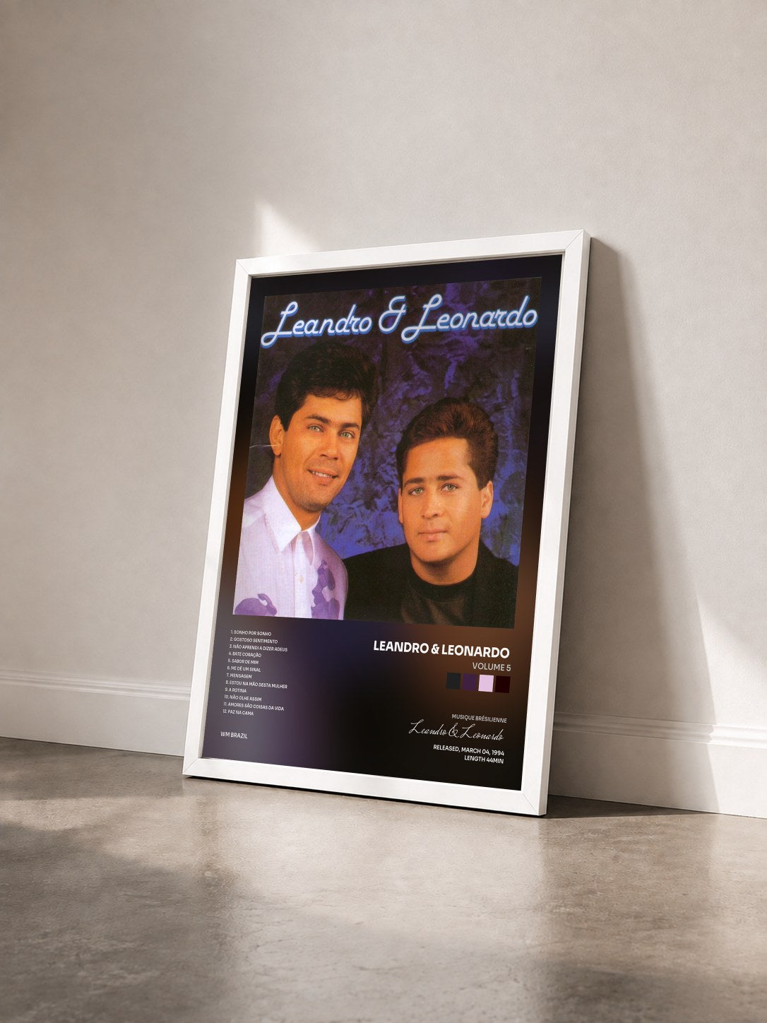 #blanc Tableau de l'album Volume 5 de Leandro & Leonardo  vu de trois quarts, cadre blanc