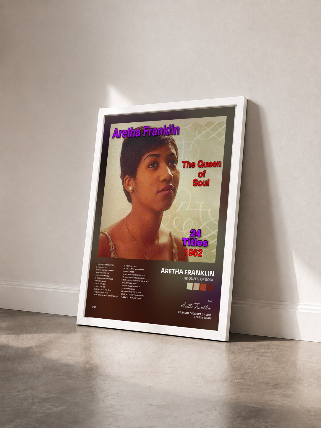 #blanc Tableau de l'album The Queen of Soul de Aretha Franklin vu de trois quarts, cadre blanc