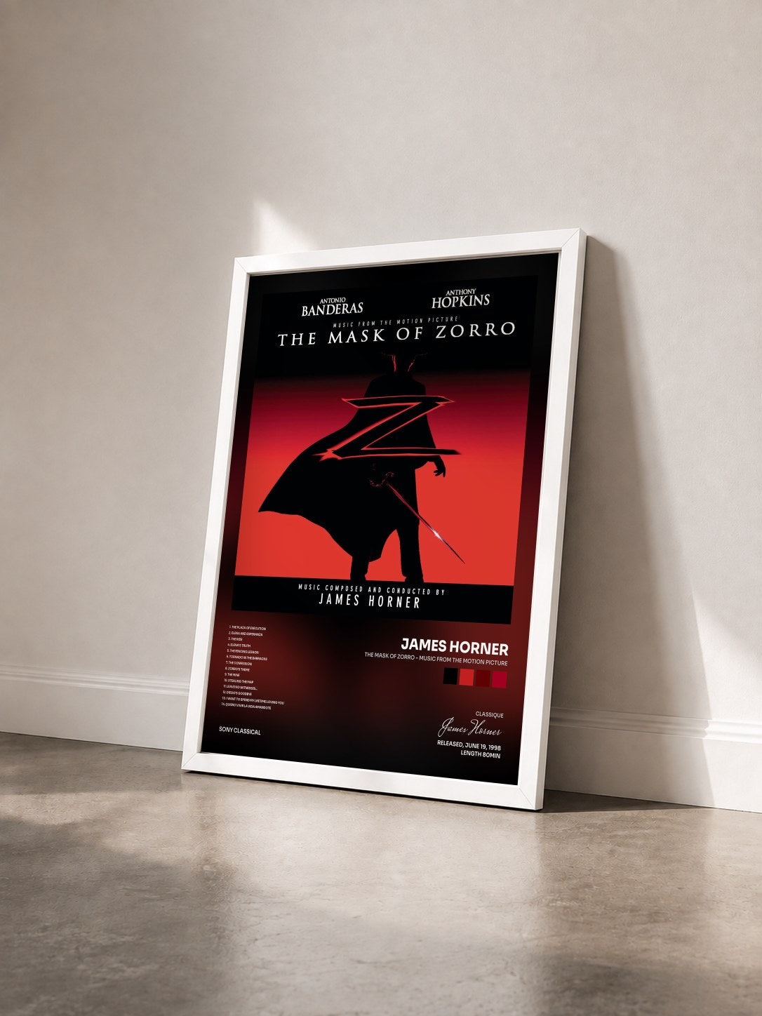 #blanc Tableau de l'album The Mask of Zorro - Music from the Motion Picture de James Horner vu de trois quarts, cadre blanc