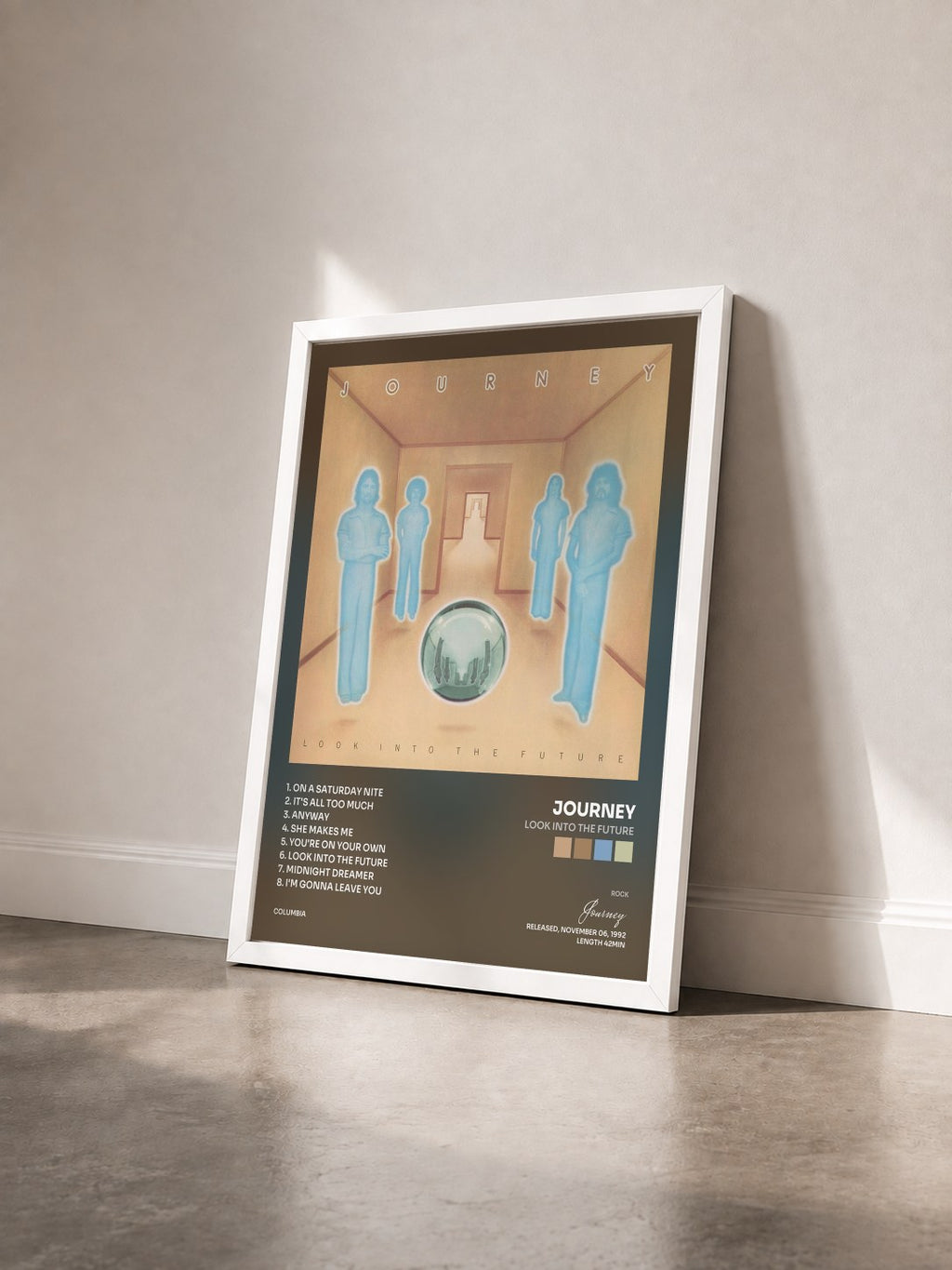 #blanc Tableau de l'album Look Into The Future de Journey vu de trois quarts, cadre blanc