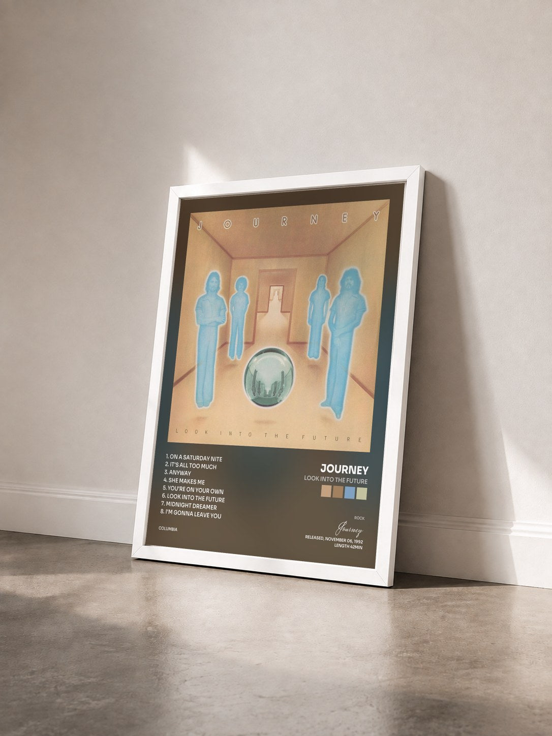 #blanc Tableau de l'album Look Into The Future de Journey vu de trois quarts, cadre blanc