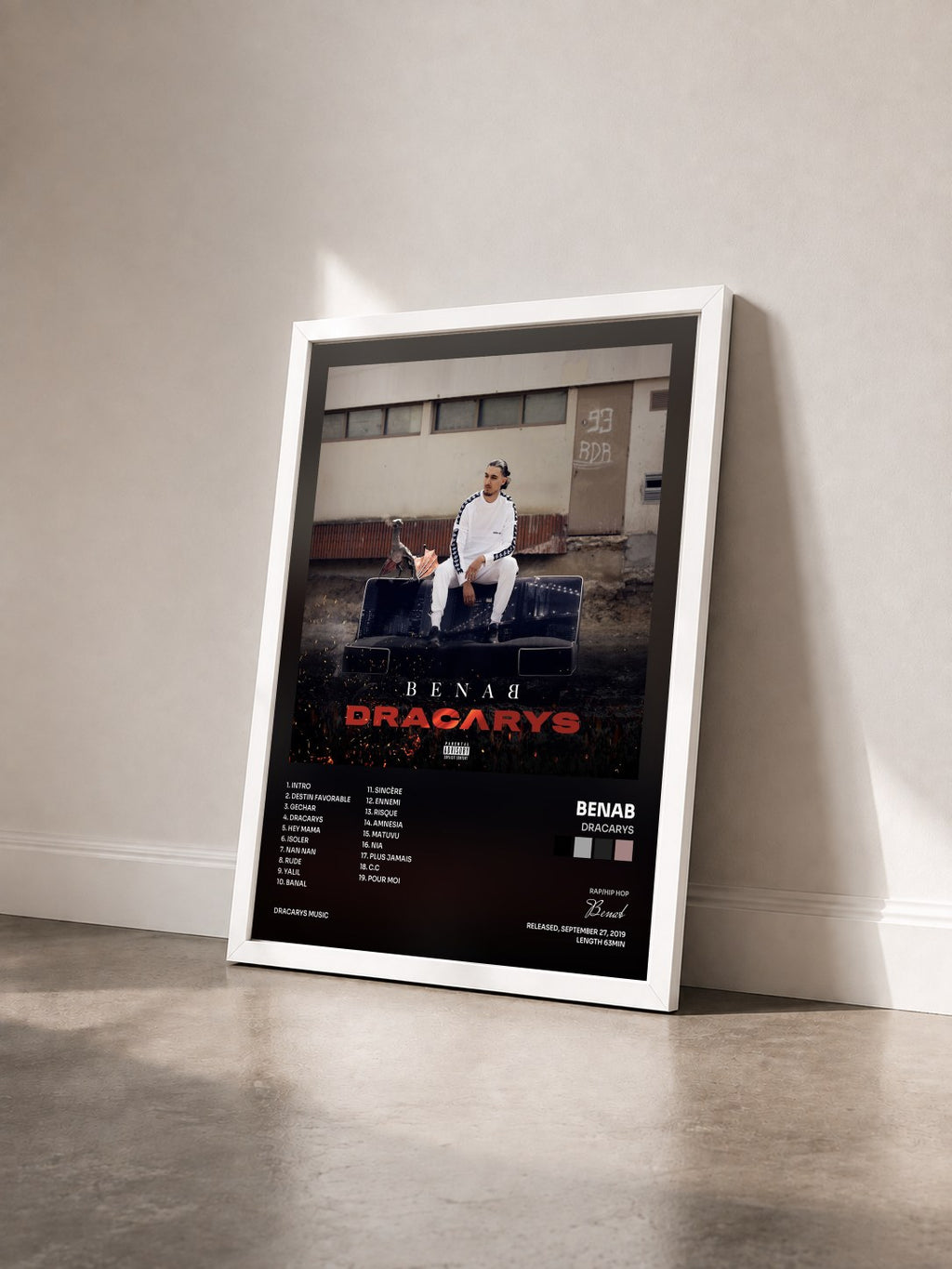 #blanc Dracarys by Benab as a framed art print seen at an angle, white frame