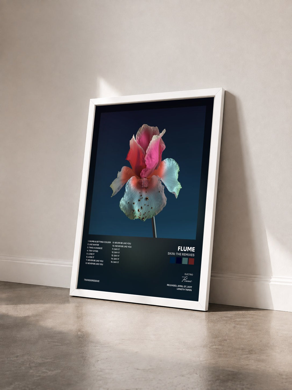 #blanc Skin: The Remixes de Flume en lámina enmarcada vista de tres cuartos, marco blanco