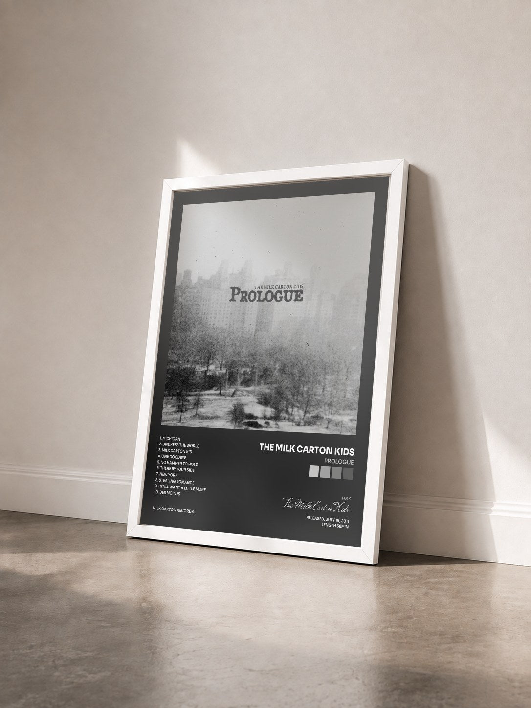 #blanc Tableau de l'album Prologue de The Milk Carton Kids vu de trois quarts, cadre blanc