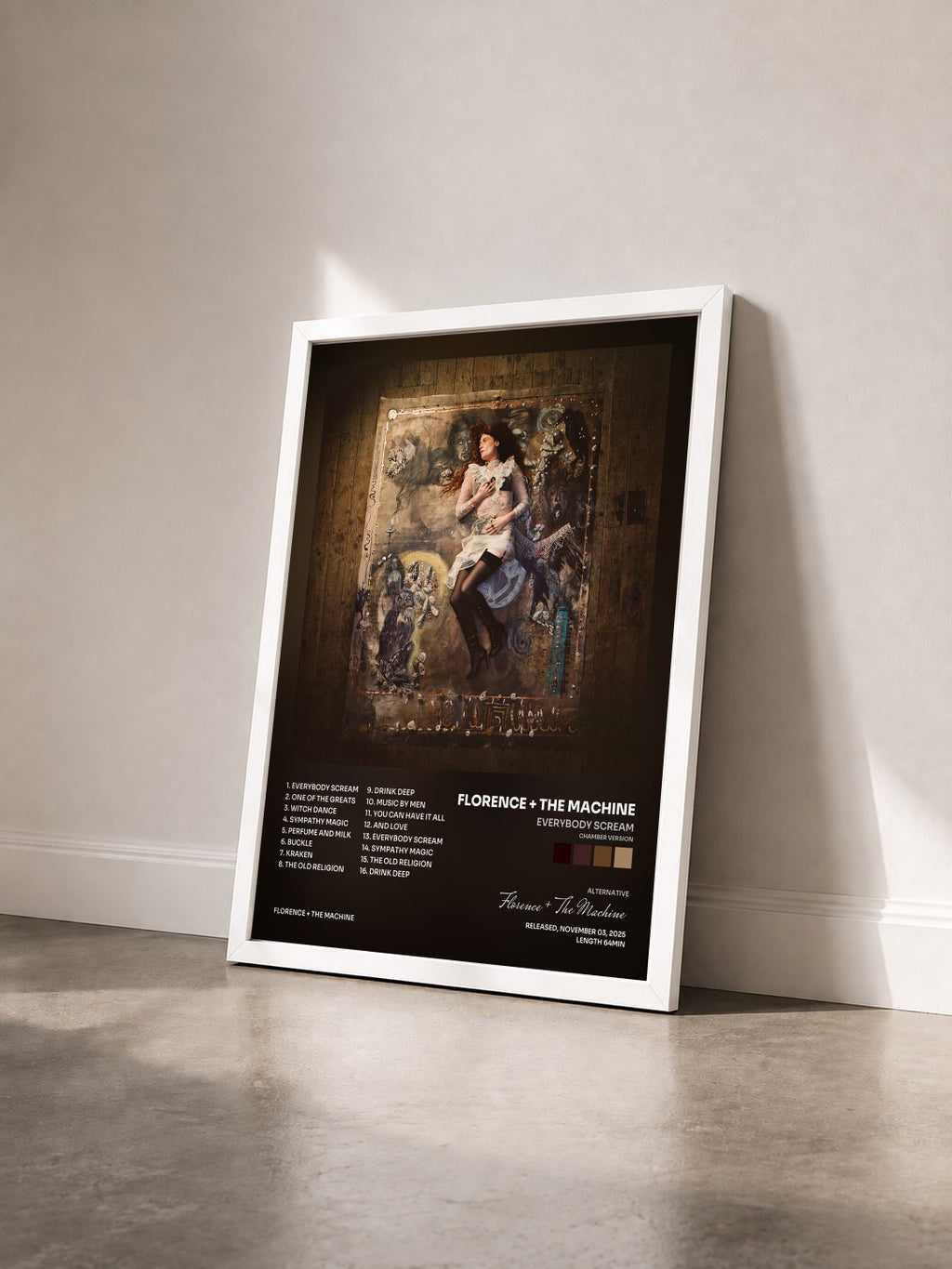 #blanc Tableau de l'album Everybody Scream (Chamber Version) de Florence + The Machine vu de trois quarts, cadre blanc