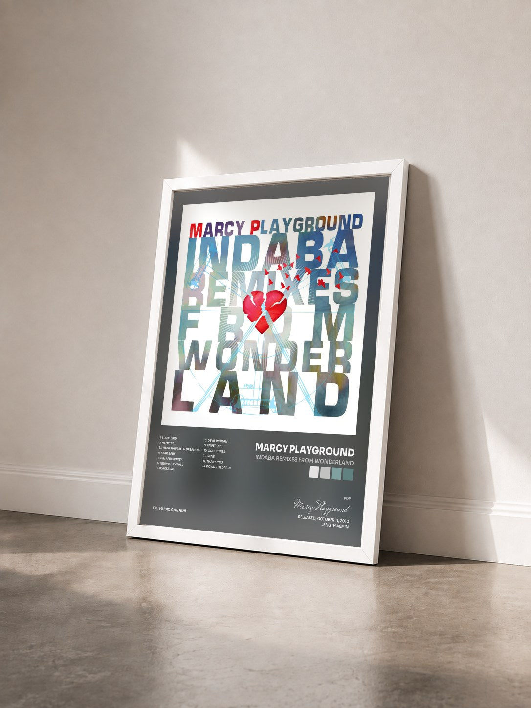 #blanc Tableau de l'album Indaba Remixes From Wonderland de Marcy Playground vu de trois quarts, cadre blanc