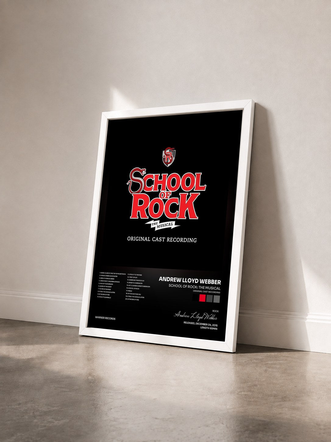 #blanc Tableau de l'album School of Rock: The Musical (Original Cast Recording) de Andrew Lloyd Webber vu de trois quarts, cadre blanc