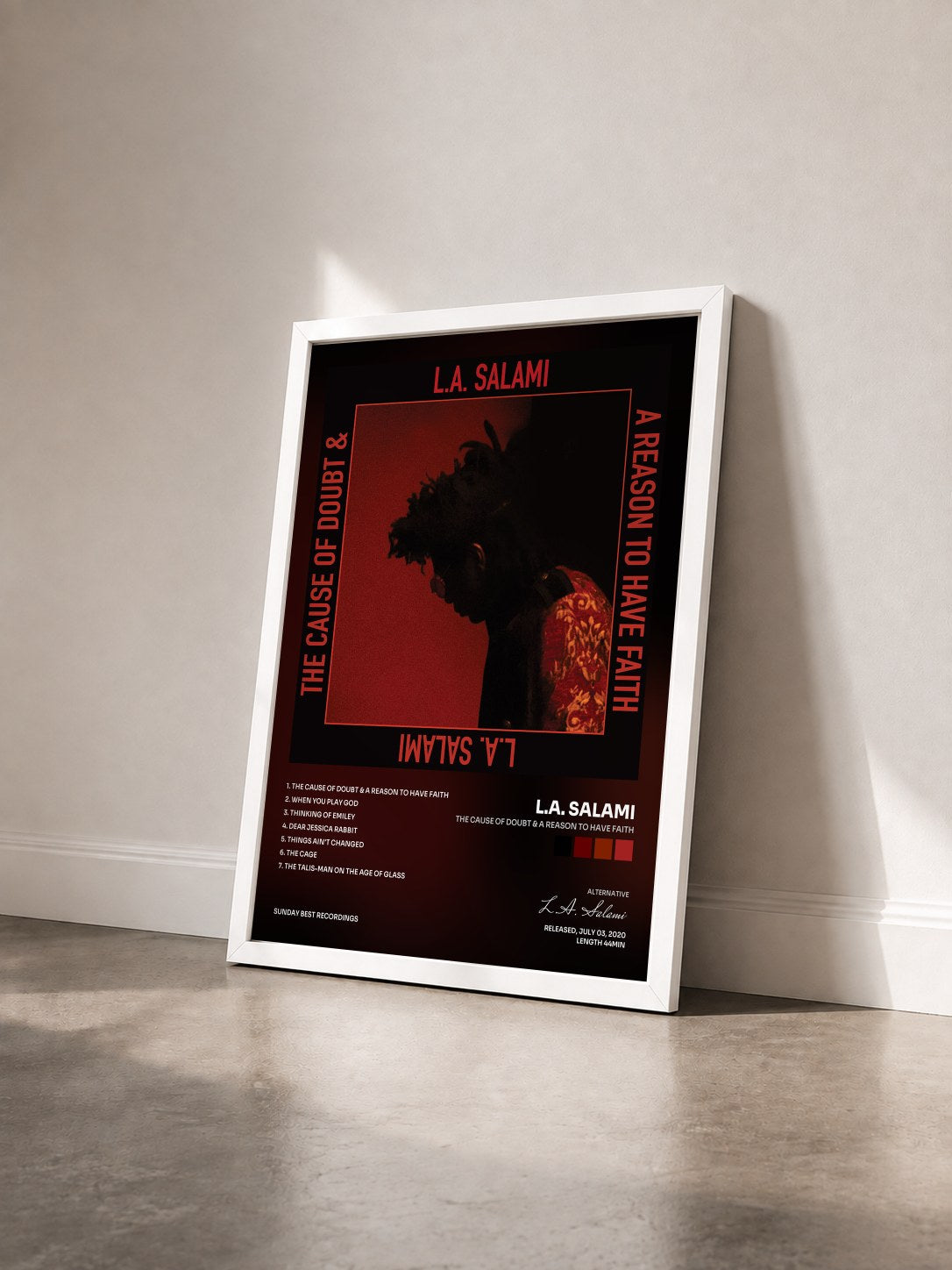 #blanc Tableau de l'album The Cause of Doubt & a Reason to Have Faith de L.A. Salami vu de trois quarts, cadre blanc