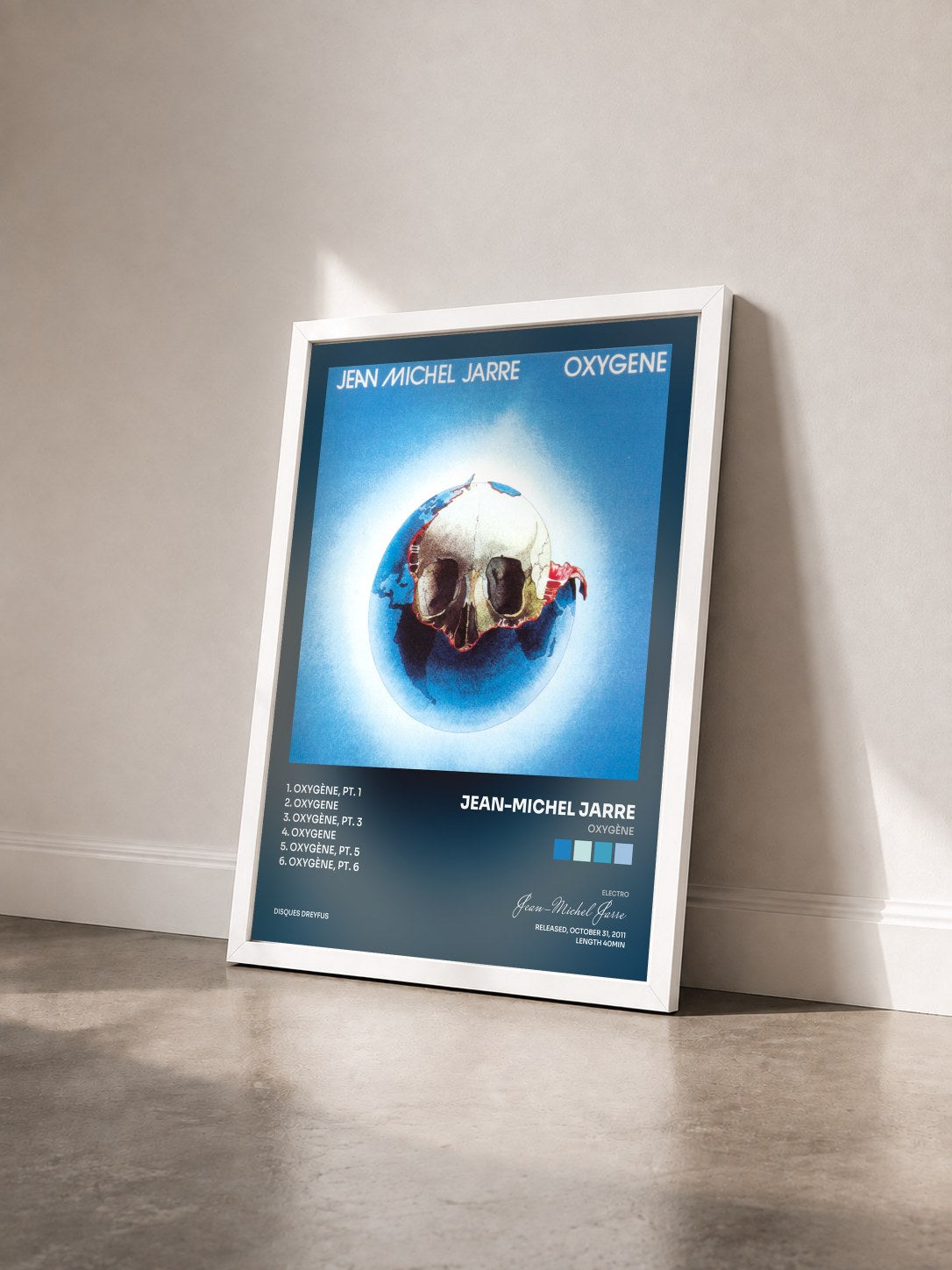 #blanc Tableau de l'album Oxygène de Jean-Michel Jarre vu de trois quarts, cadre blanc