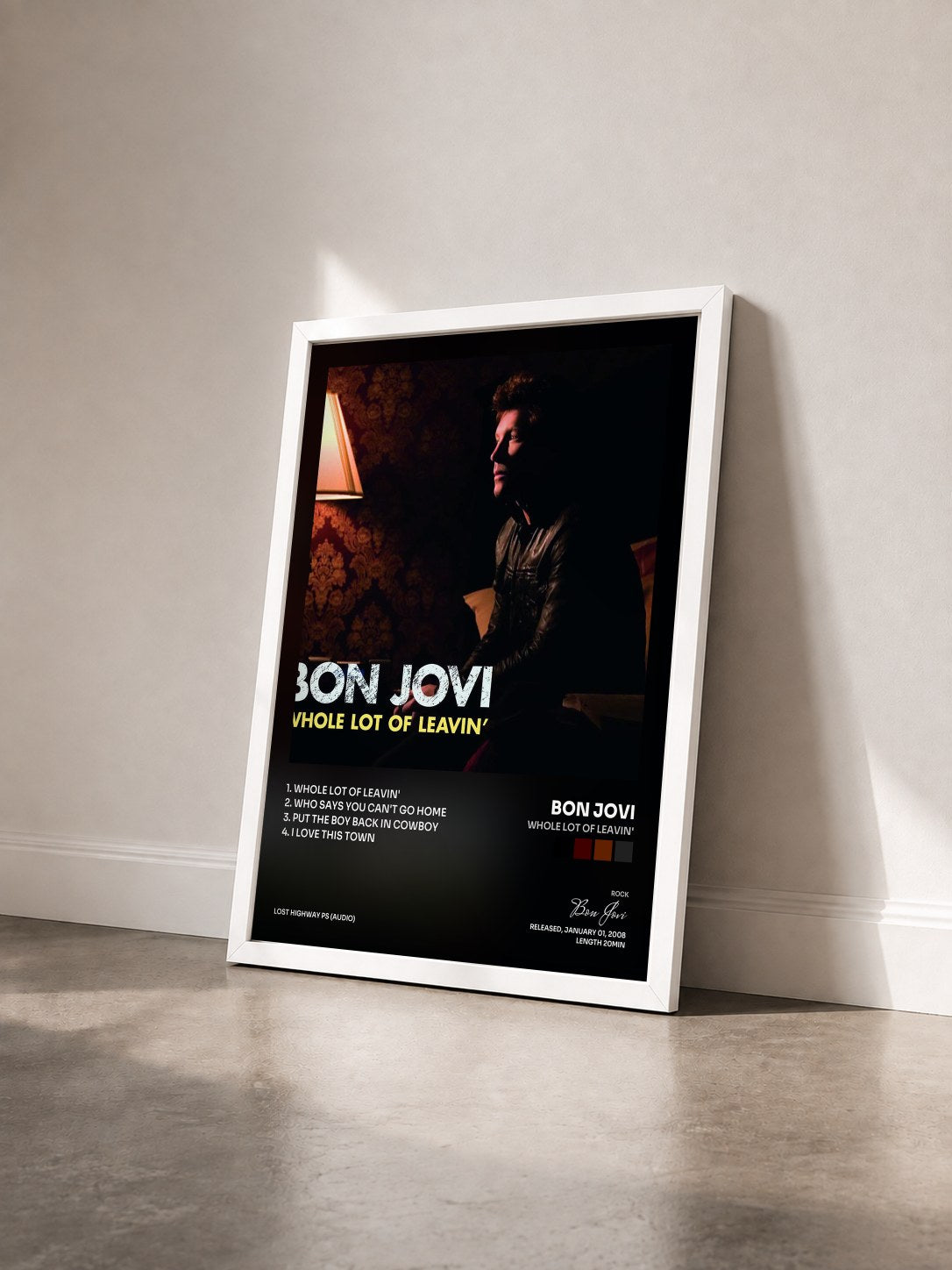 #blanc Whole Lot Of Leavin' by Bon Jovi as a framed art print seen at an angle, white frame