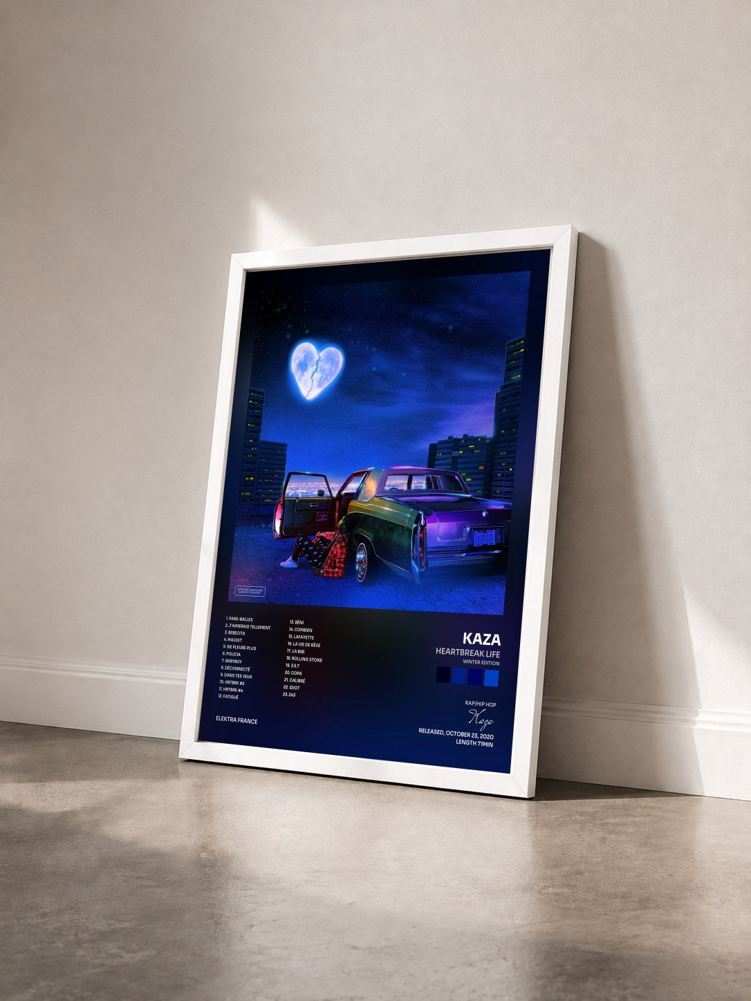 #blanc HEARTBREAK LIFE (Winter Edition) by Kaza as a framed art print seen at an angle, white frame