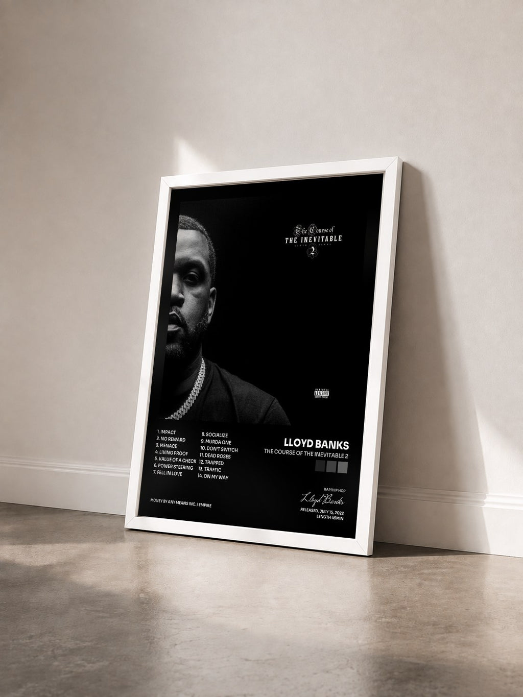 #blanc The Course of the Inevitable 2 di Lloyd Banks in stampa incorniciata vista di tre quarti, cornice bianca