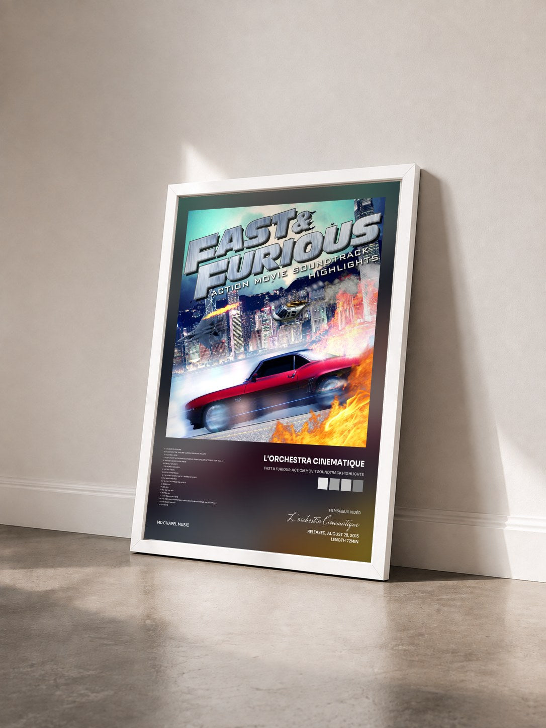 #blanc Tableau de l'album Fast & Furious: Action Movie Soundtrack Highlights de L'orchestra Cinematique vu de trois quarts, cadre blanc