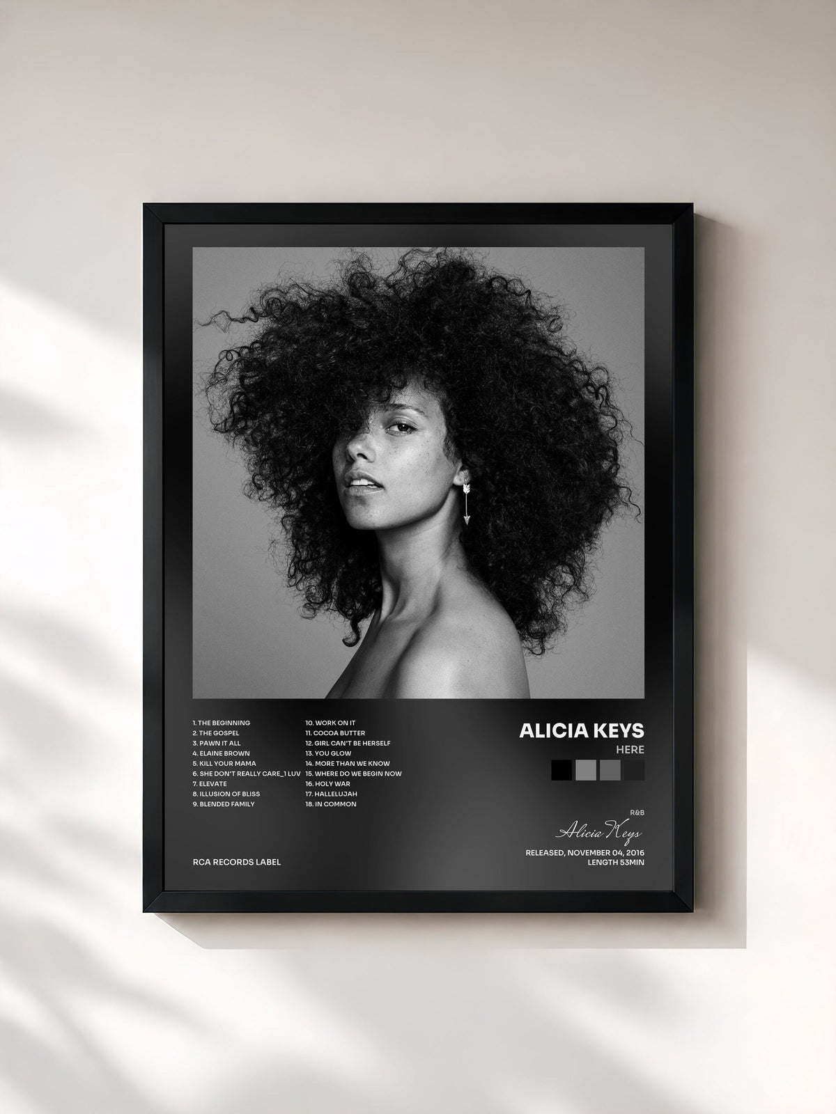 #noir Tableau de l'album HERE de Alicia Keys, cadre noir, imprimé et encadré en France
