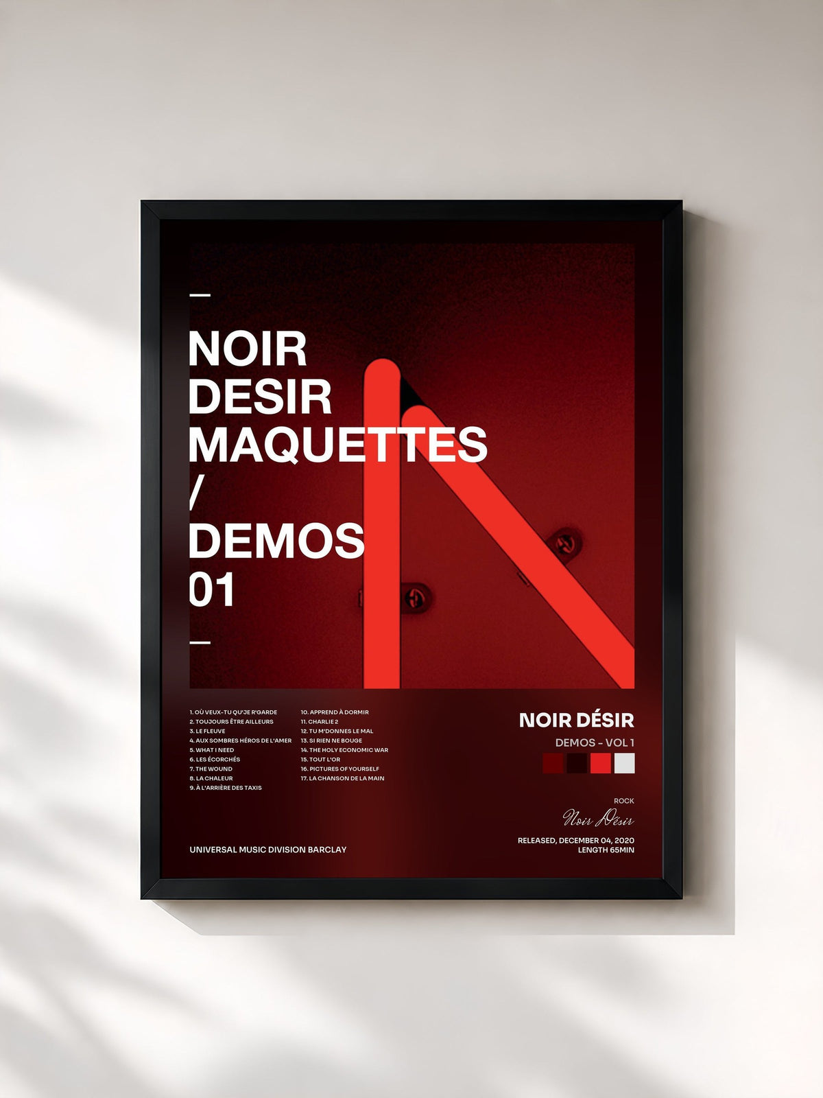 #noir Tableau de l'album Demos - Vol 1 de Noir Désir, cadre noir, imprimé et encadré en France