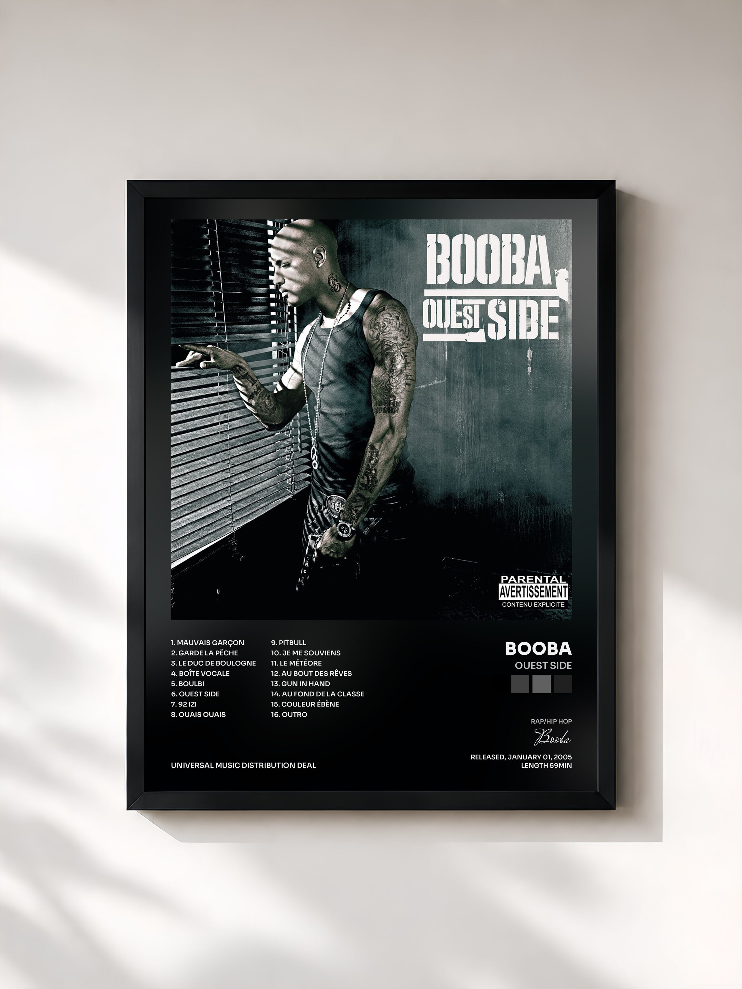 #noir Tableau de l'album Ouest Side de Booba, cadre noir, imprimé et encadré en France