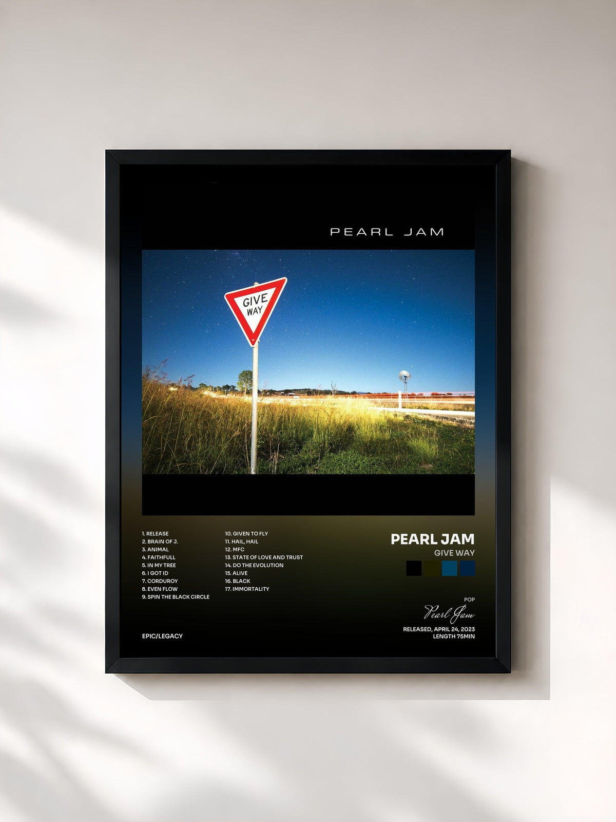 #noir Tableau de l'album Give Way de Pearl Jam, cadre noir, imprimé et encadré en France