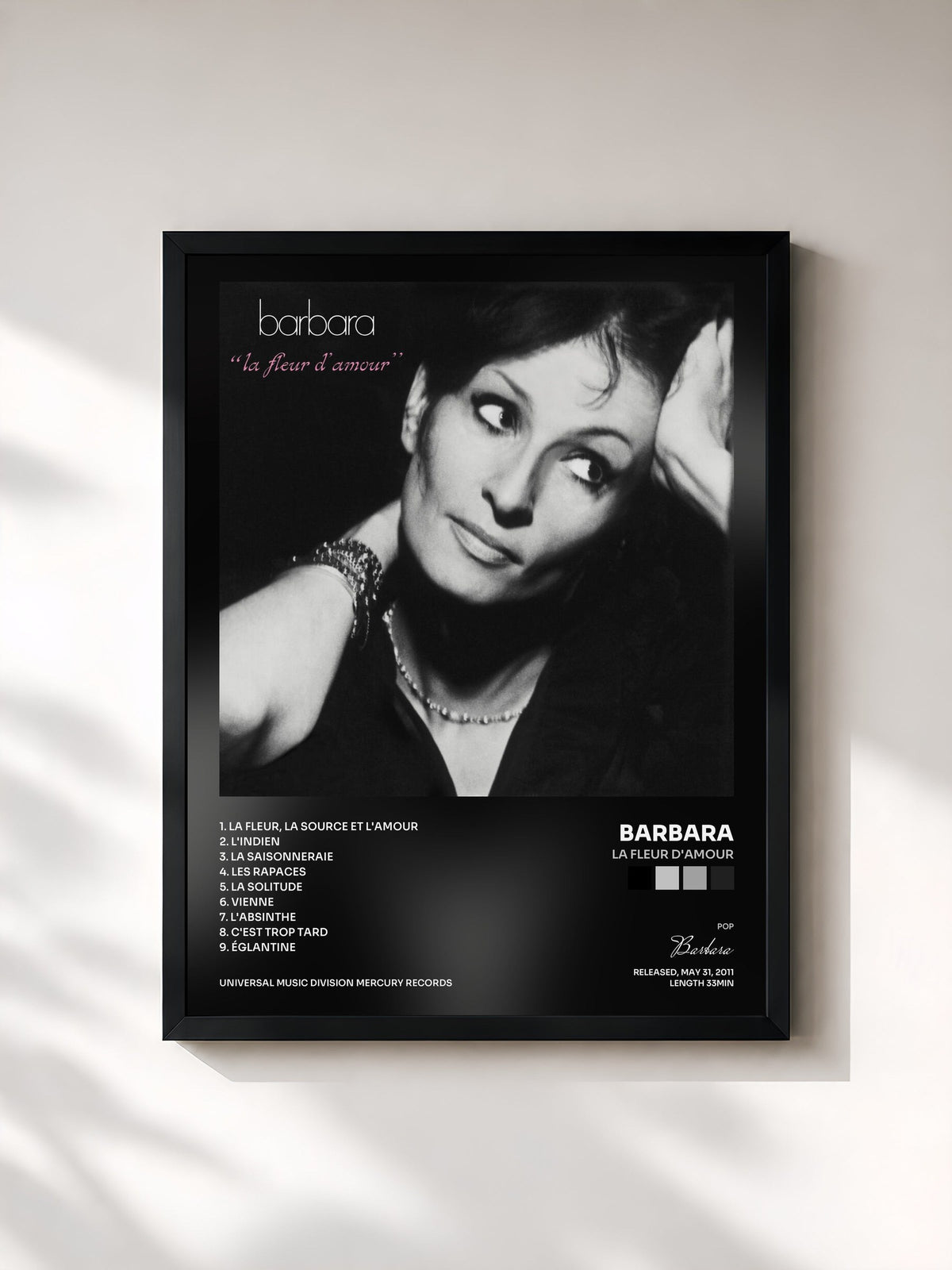 #noir Tableau de l'album La Fleur D'Amour de Barbara, cadre noir, imprimé et encadré en France