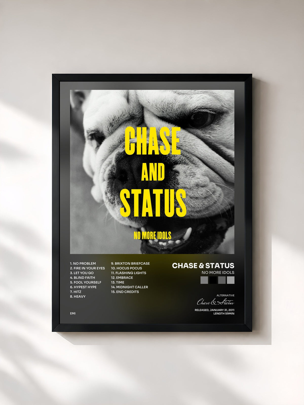 #noir Tableau de l'album No More Idols de Chase & Status, cadre noir, imprimé et encadré en France