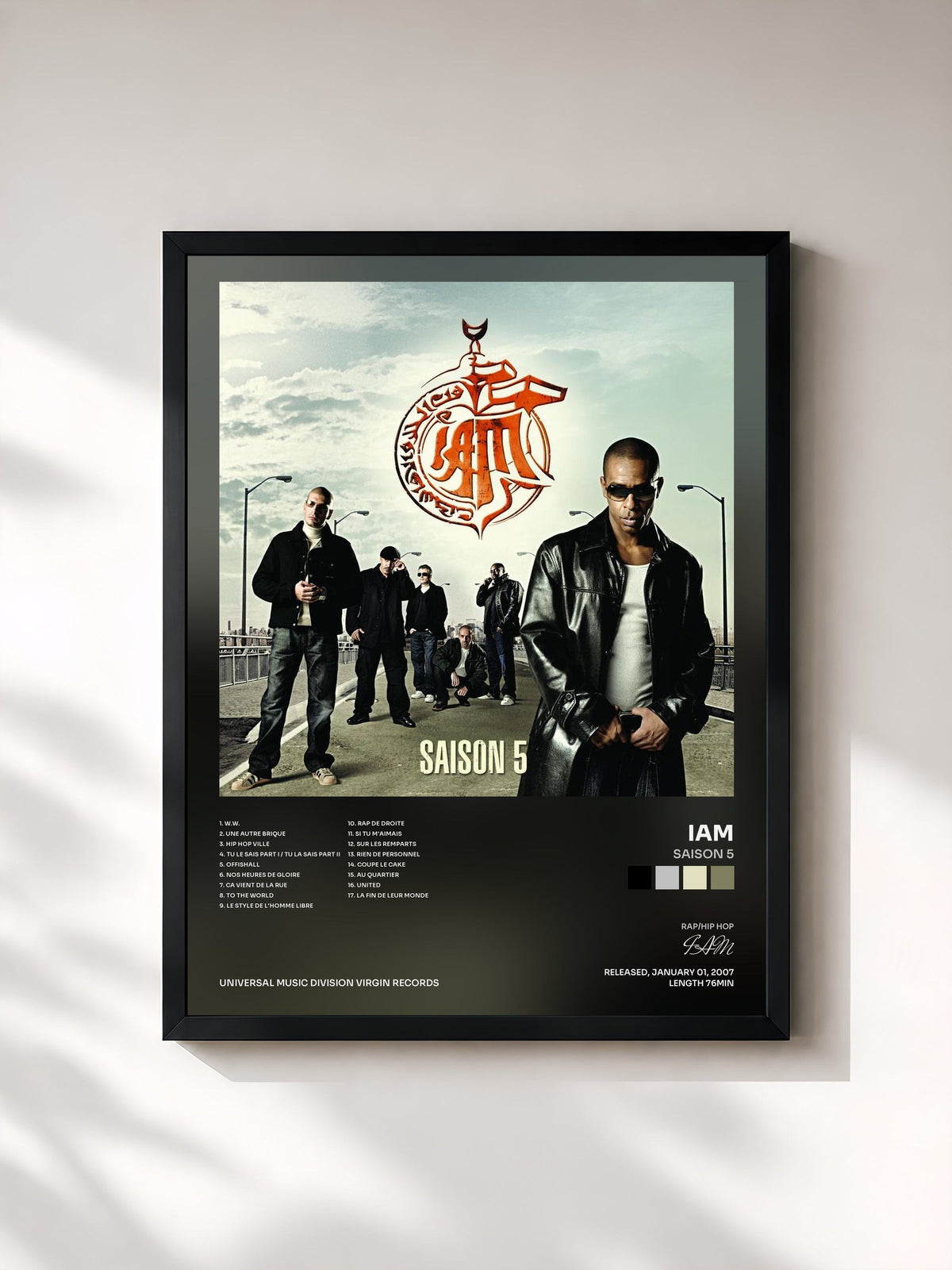 #noir Tableau de l'album Saison 5 de IAM, cadre noir, imprimé et encadré en France