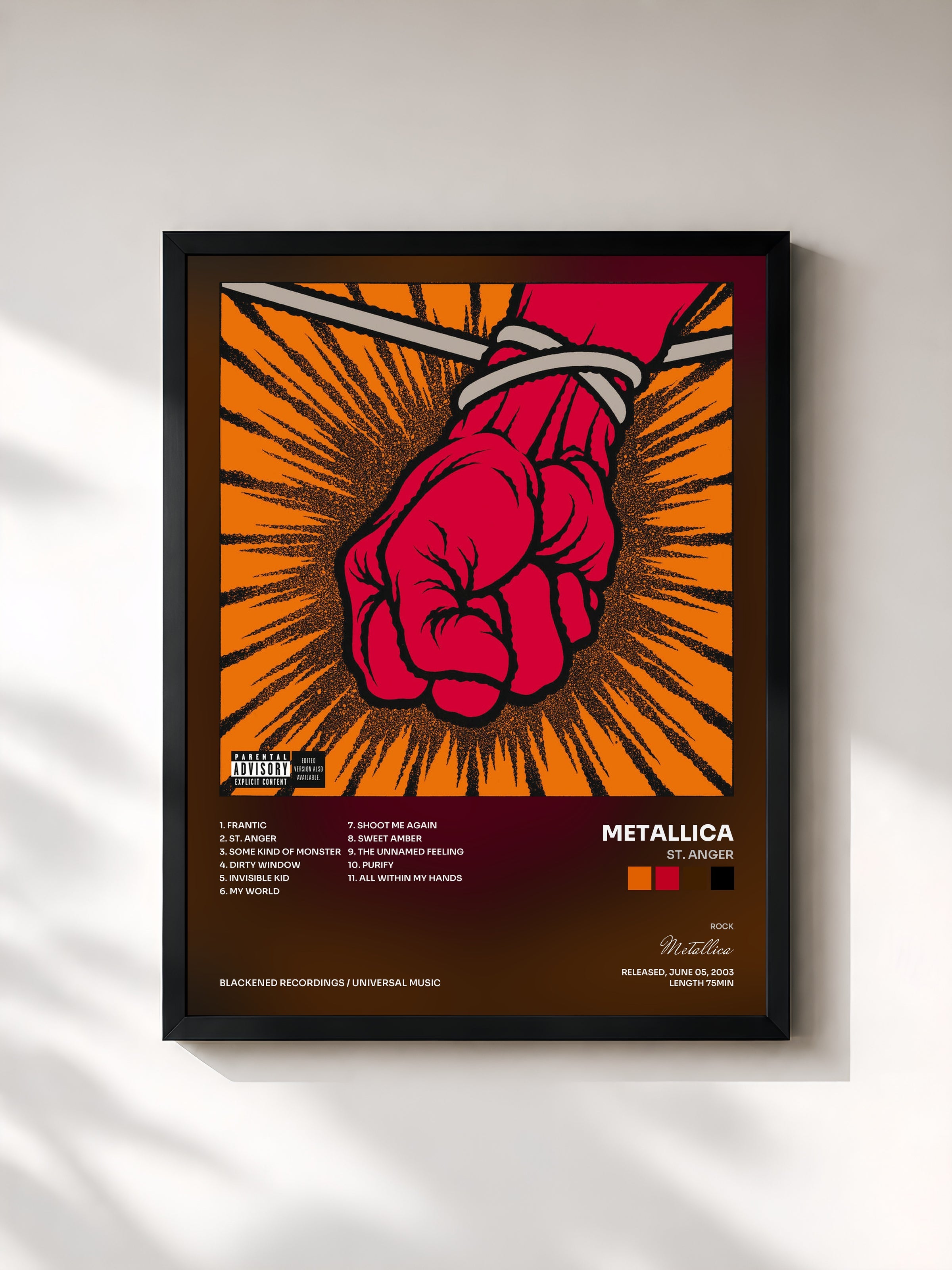 #noir St. Anger by Metallica as a framed art print, black frame, printed and framed in France