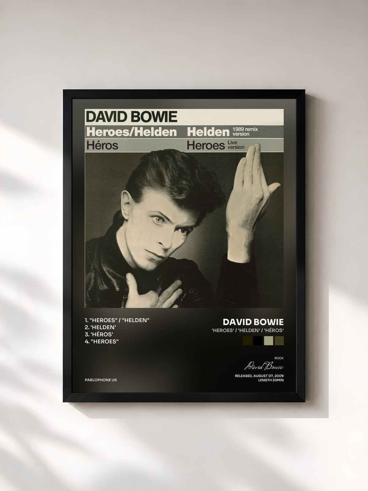 #noir Tableau de l'album 'Heroes' / 'Helden' / 'Héros' de David Bowie, cadre noir, imprimé et encadré en France