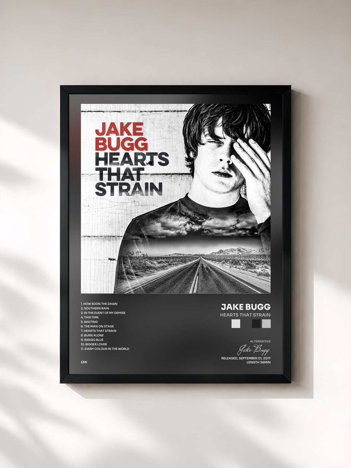 #noir Tableau de l'album Hearts That Strain de Jake Bugg, cadre noir, imprimé et encadré en France