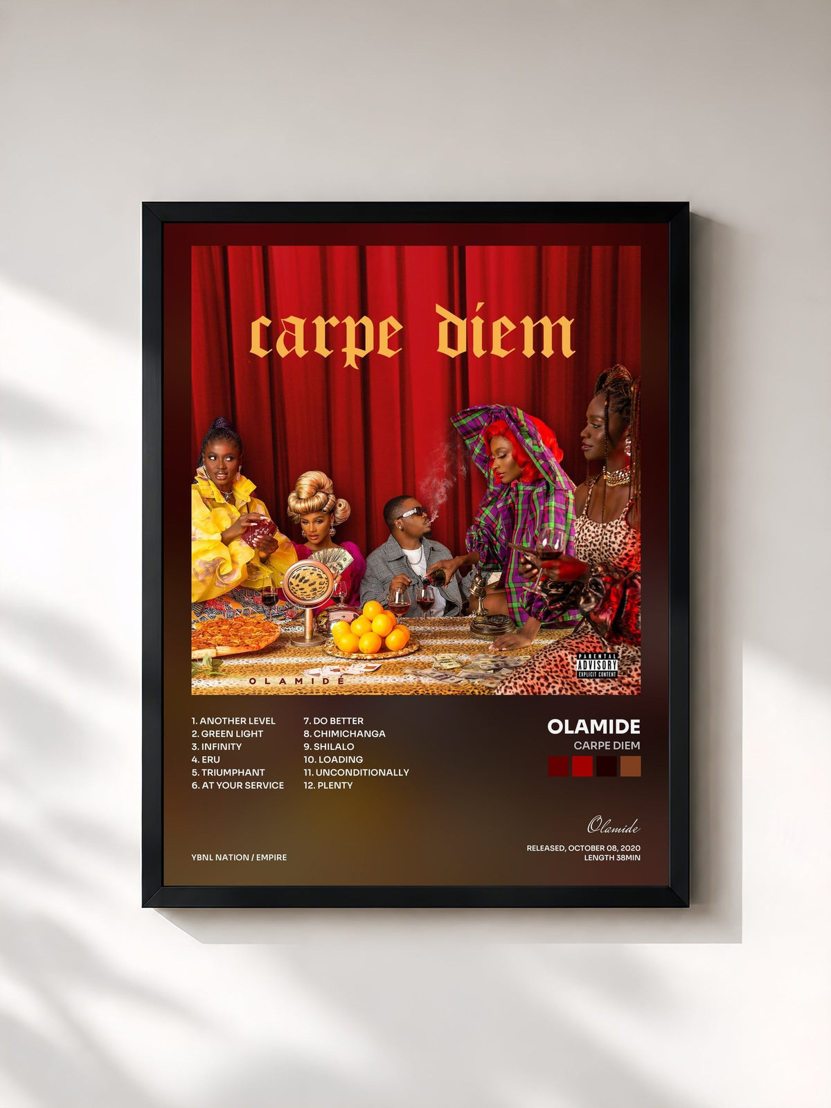 #noir Tableau de l'album Carpe Diem de Olamide, cadre noir, imprimé et encadré en France
