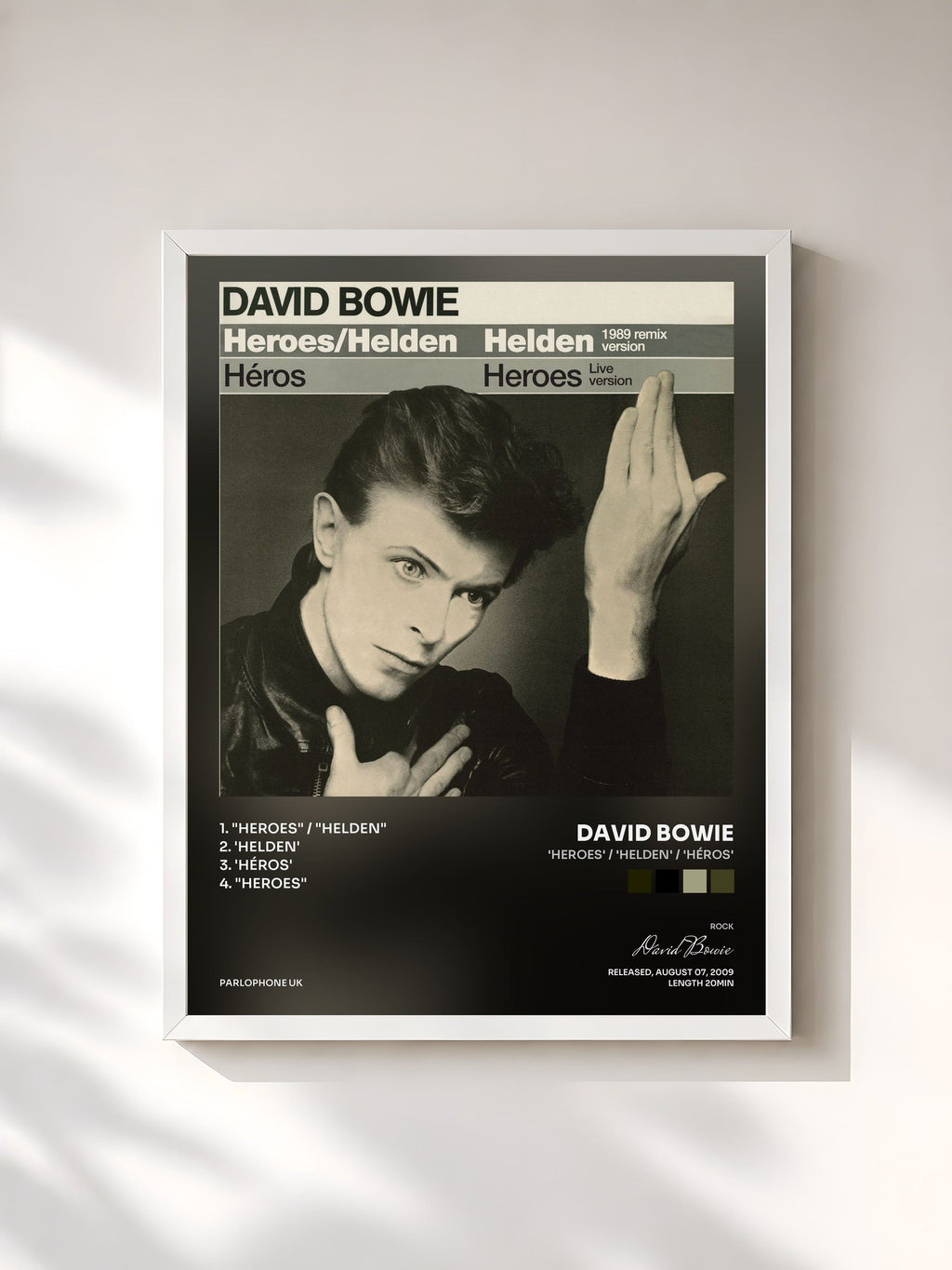 #blanc 'Heroes' / 'Helden' / 'Héros' von David Bowie als gerahmter Kunstdruck, weißer Rahmen, gedruckt und gerahmt in Frankreich