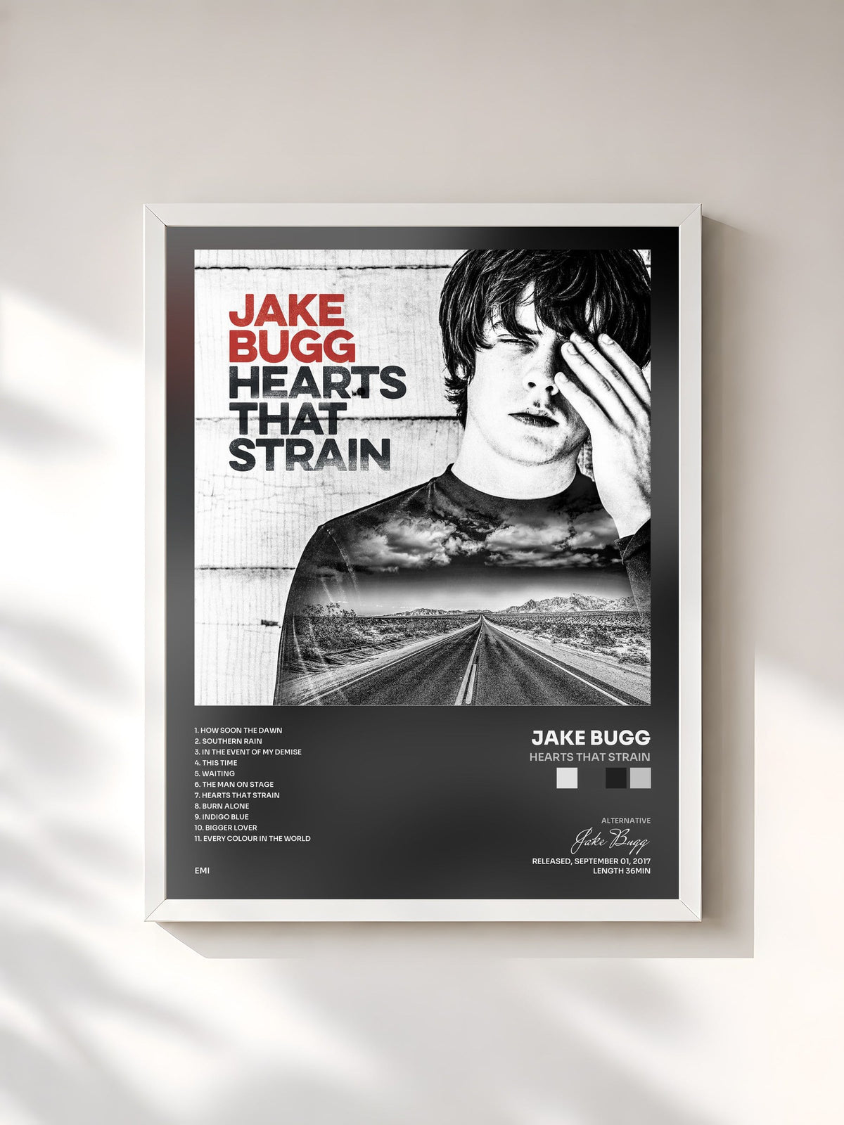 #blanc Tableau de l'album Hearts That Strain de Jake Bugg, cadre blanc, imprimé et encadré en France