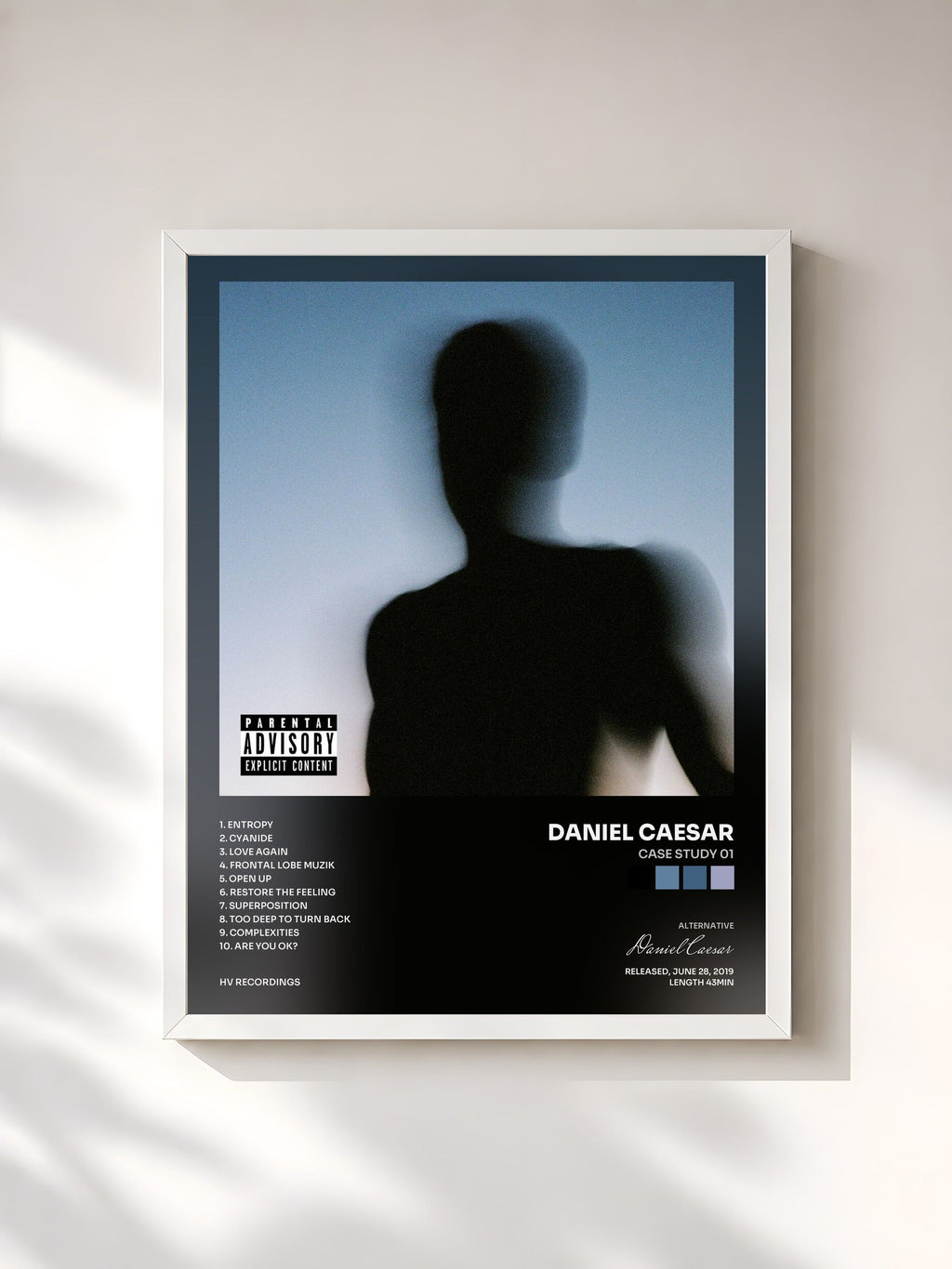 #blanc Tableau de l'album CASE STUDY 01 de Daniel Caesar, cadre blanc, imprimé et encadré en France