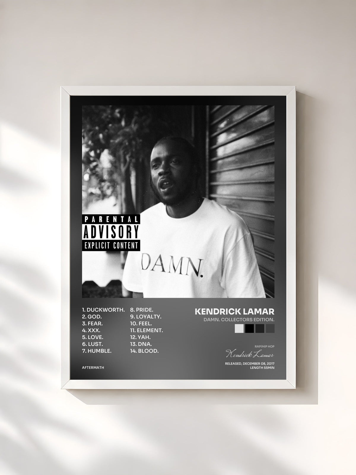 #blanc Tableau de l'album DAMN. COLLECTORS EDITION. de Kendrick Lamar, cadre blanc, imprimé et encadré en France