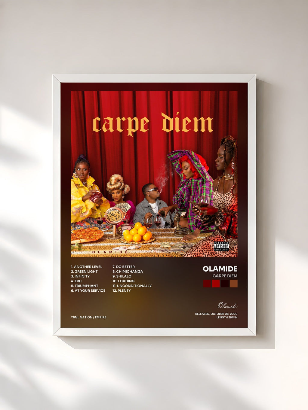 #blanc Tableau de l'album Carpe Diem de Olamide, cadre blanc, imprimé et encadré en France