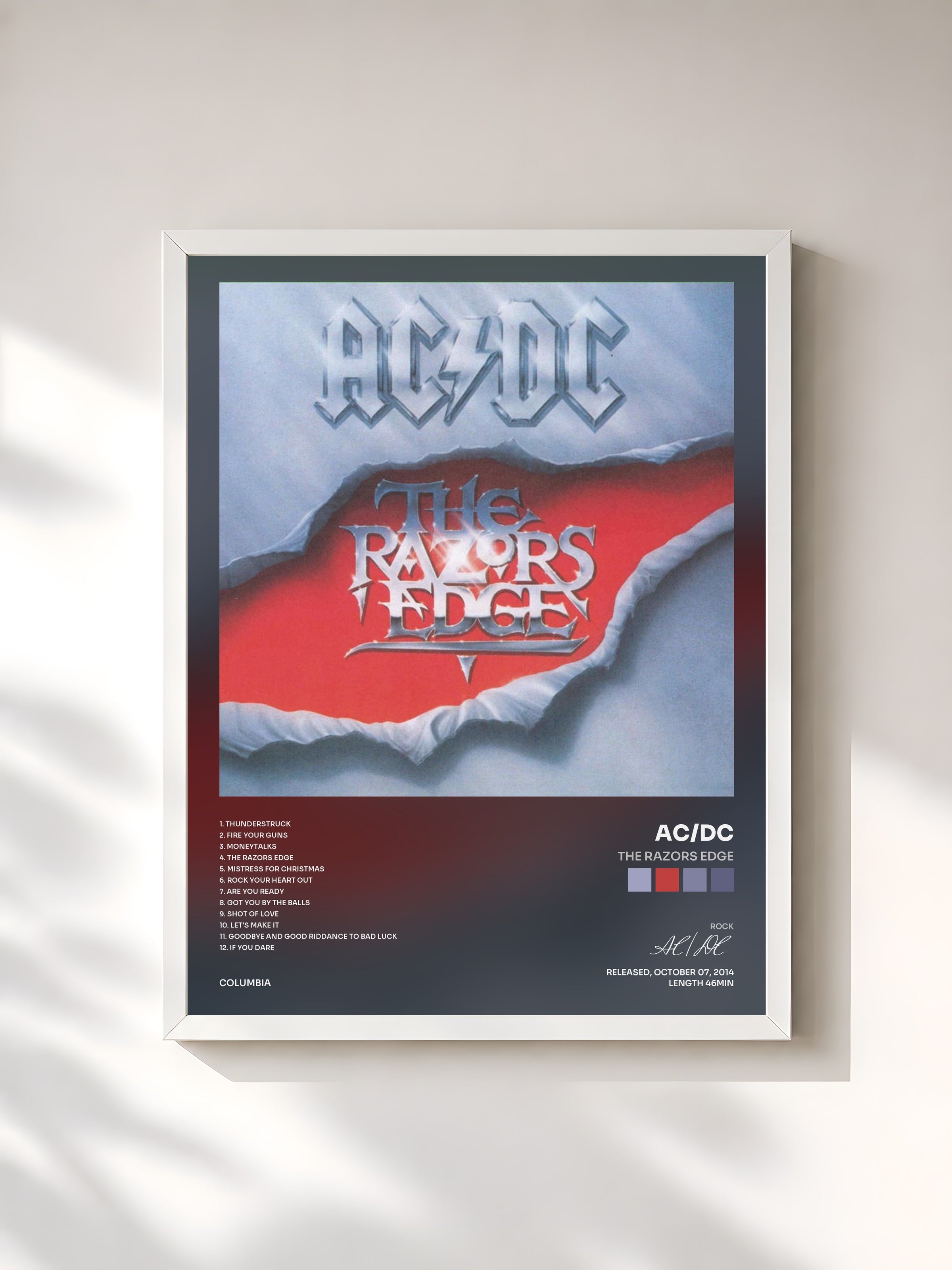 #blanc Tableau de l'album The Razors Edge de AC/DC, cadre blanc, imprimé et encadré en France