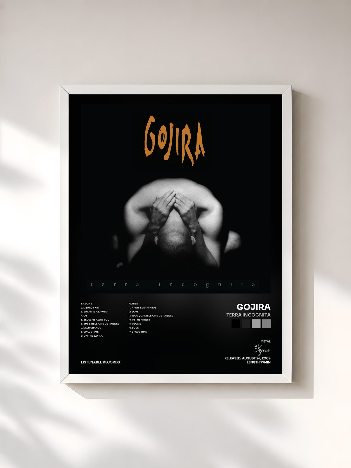 #blanc Tableau de l'album Terra Incognita de Gojira, cadre blanc, imprimé et encadré en France