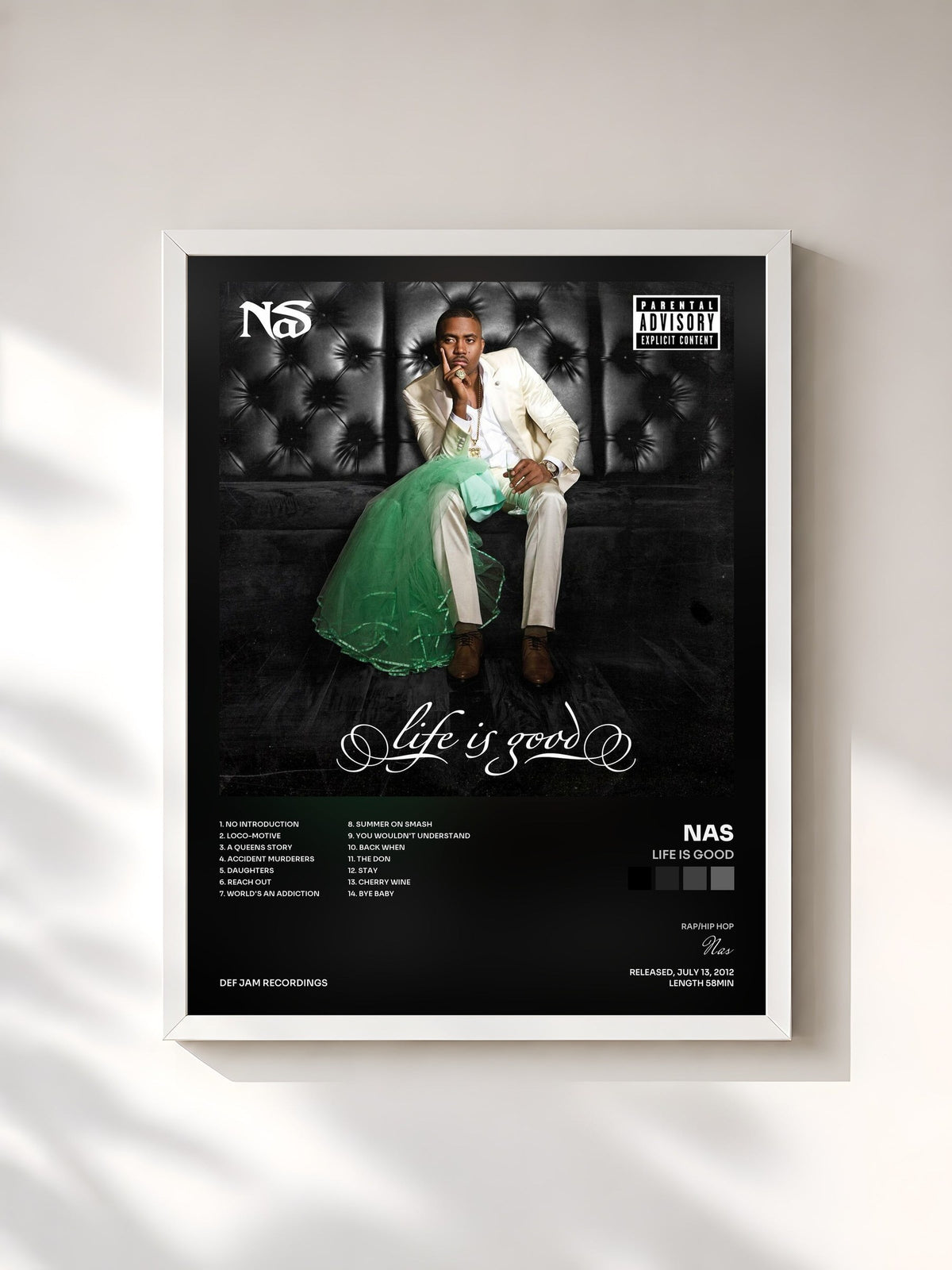 #blanc Tableau de l'album Life Is Good de Nas, cadre blanc, imprimé et encadré en France