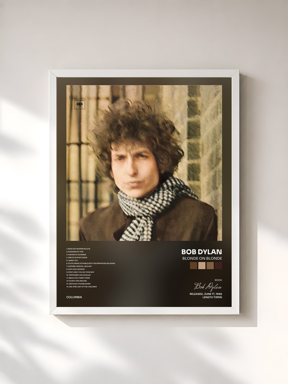 #blanc Tableau de l'album Blonde On Blonde de Bob Dylan, cadre blanc, imprimé et encadré en France